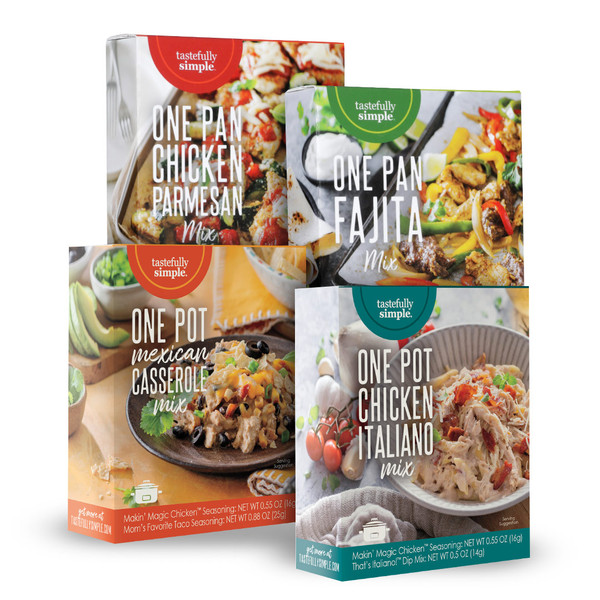 Tastefully Simple One Pan Chicken Parmesan Mix, One Pan Fajita Mix, One Pot Mexican Casserole Mix, and One Pot Chicken Italiano Mix.