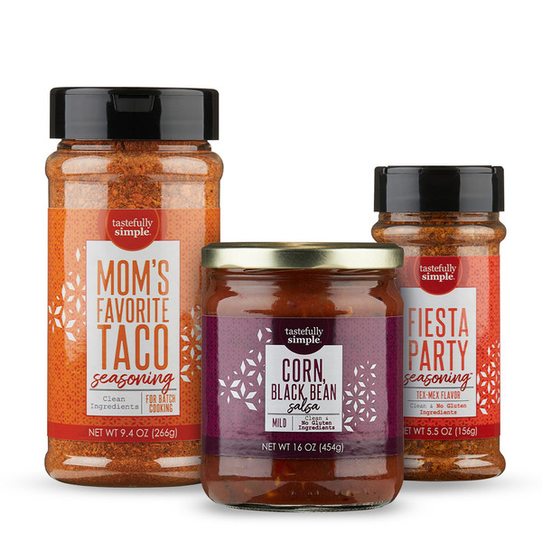 Tastefully Simple Mom's Favorite Taco Seasoning, Corn, Black Bean Salsa, and Fiesta Party Seasoning™.
