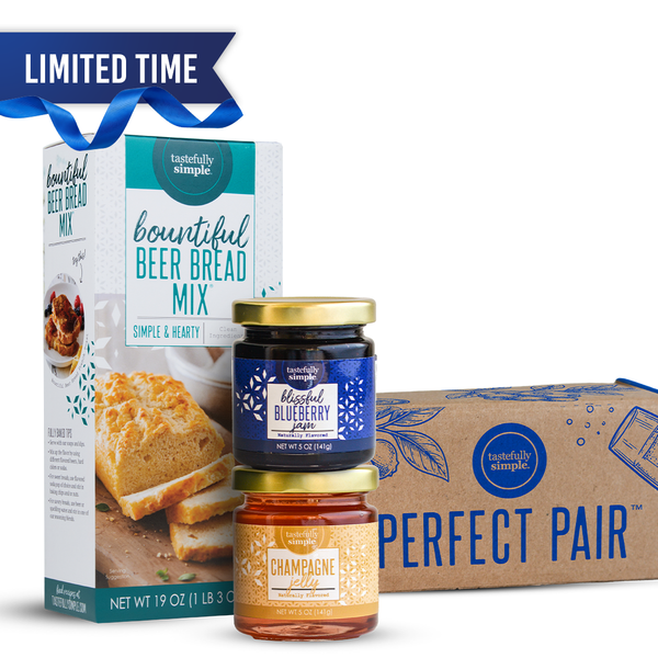 Limited Time offer featuring Tastefully Simple Bountiful Beer Bread Mix®, Blissful Blueberry Jam, and Champagne Jelly with the Perfect Pair™ gift box.
