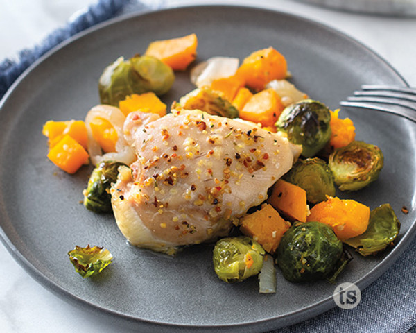 Roasted Chicken with Brussels Sprouts Squash