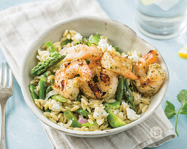 Grilled Shrimp over Spring Orzo Salad