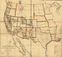 Map of the territory of the United States from the Mississippi River to the Pacific Ocean.