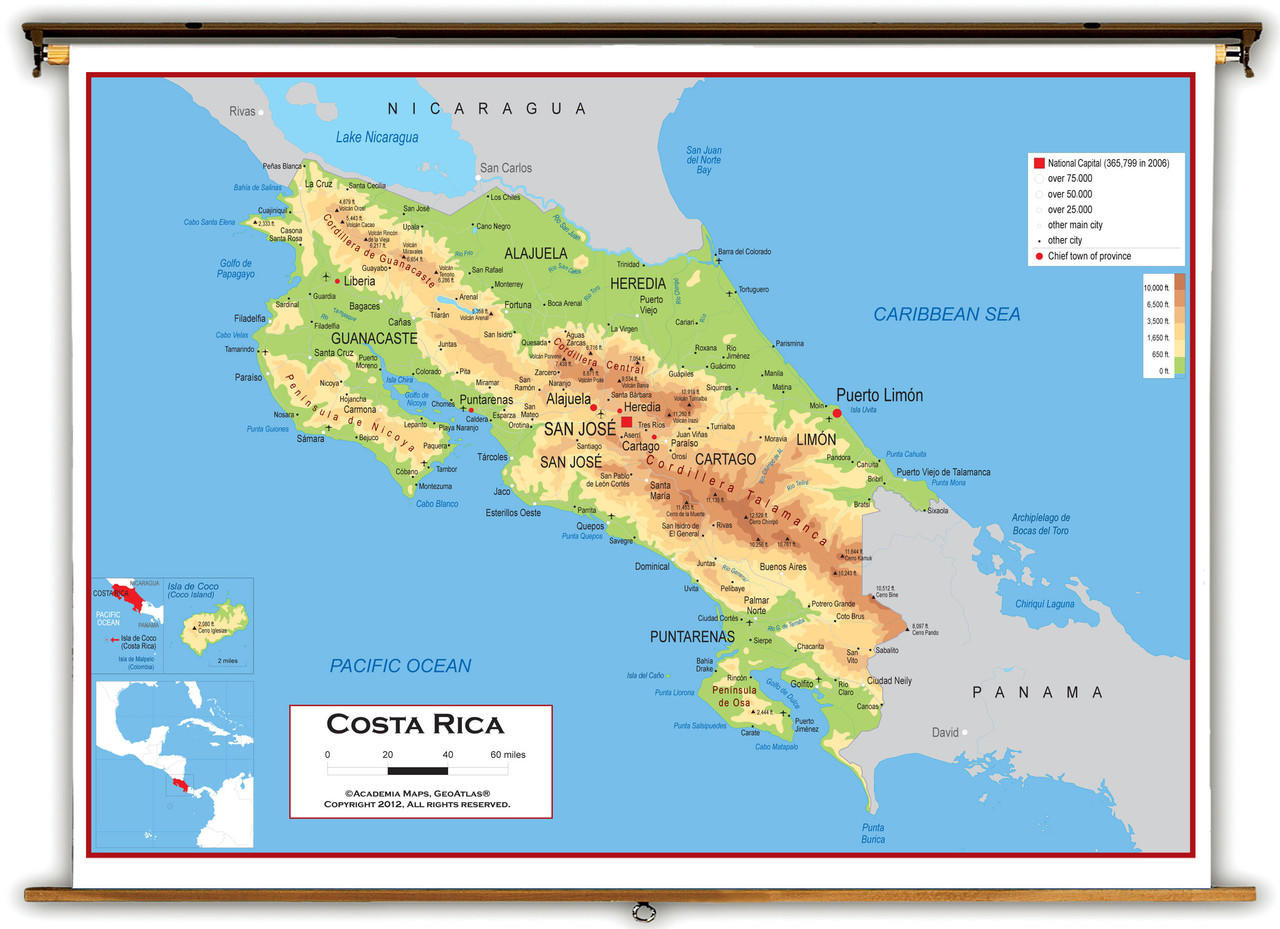 tafereel noot Gevangenisstraf Costa Rica Physical Educational Wall Map from Academia Maps | World Maps  Online