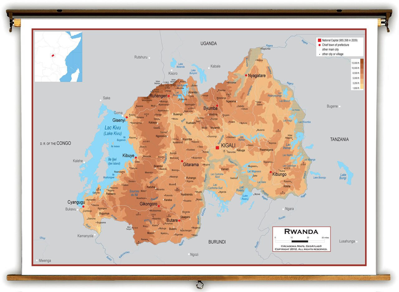 Rwanda Physical Educational Map from Academia Maps | World Maps Online