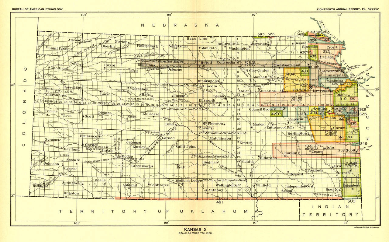 Historical Map of Kansas Indian Lands 1896 J.W. Powell World