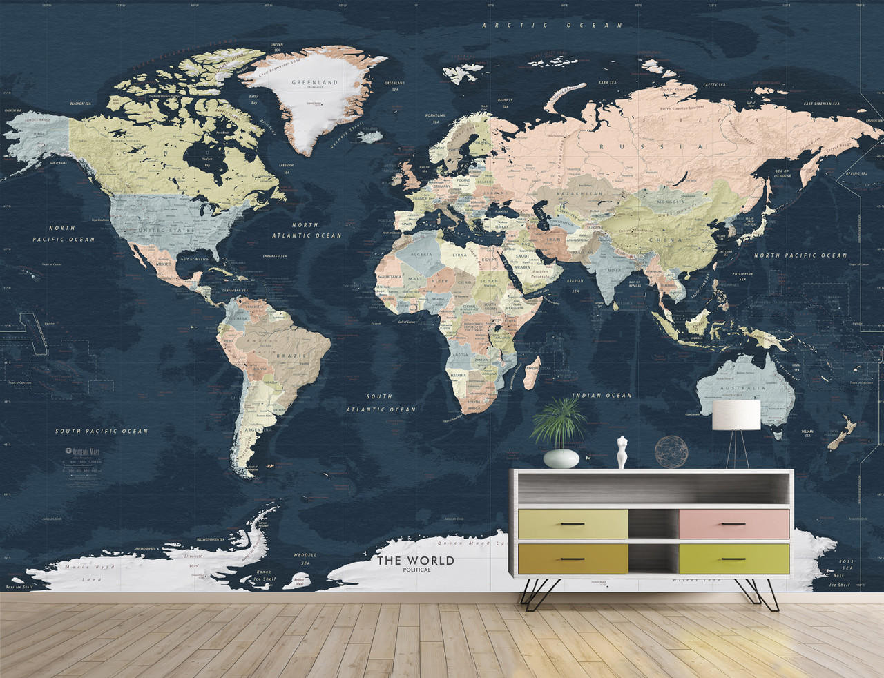 Dark Navy Ocean World Political Map Mural Large Peel & Stick Removable Wallpaper Map World