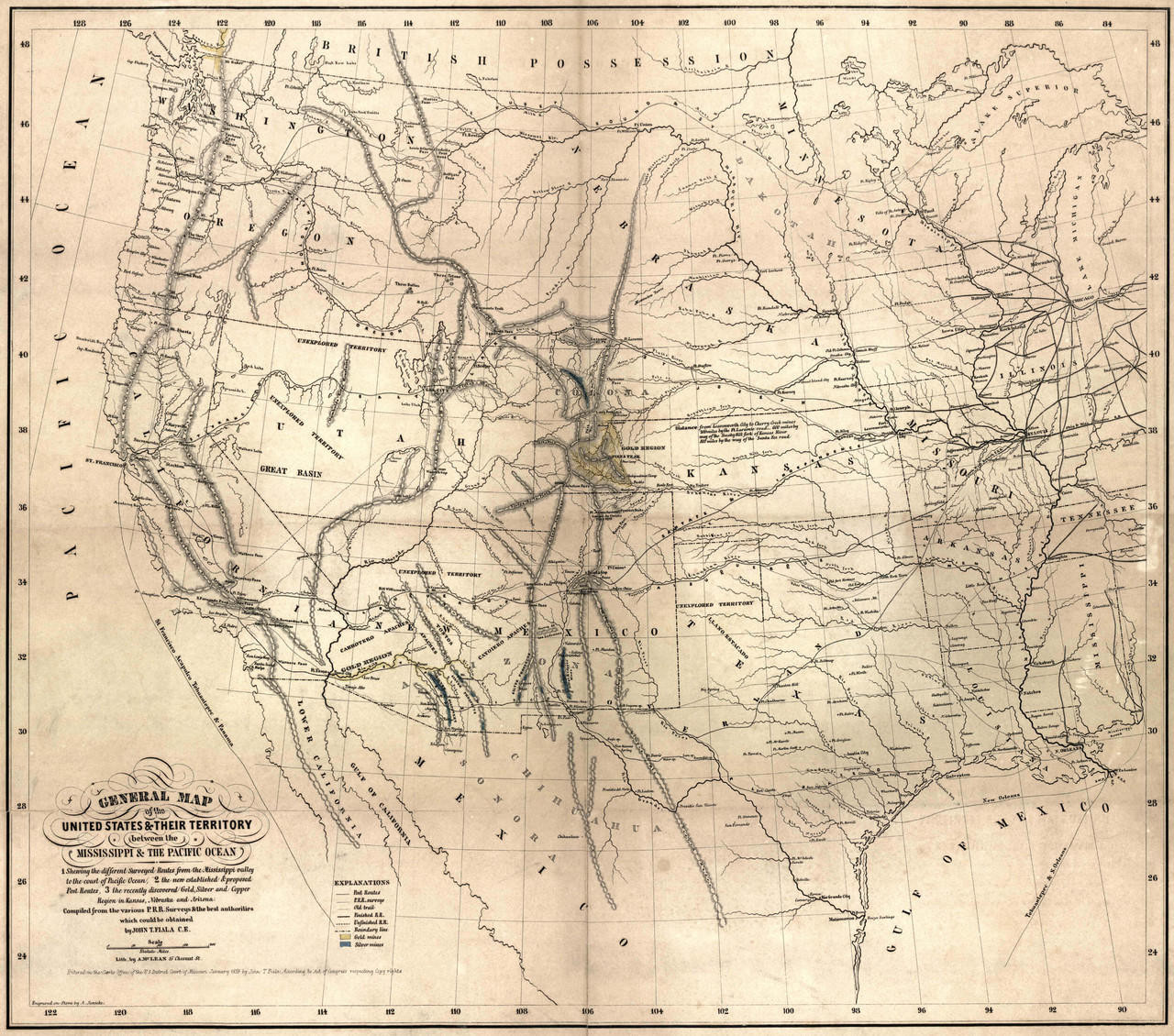 Historic Railroad Map of the Southwestern United States - 1859 | World ...