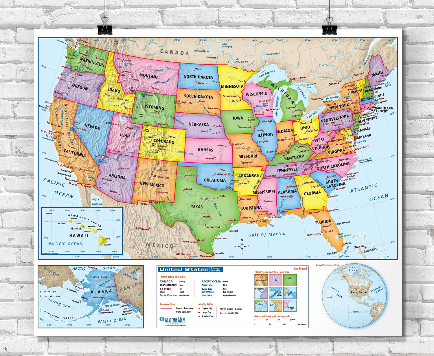 United States Classroom Wall Maps Laminated, Paper Posters, Wood