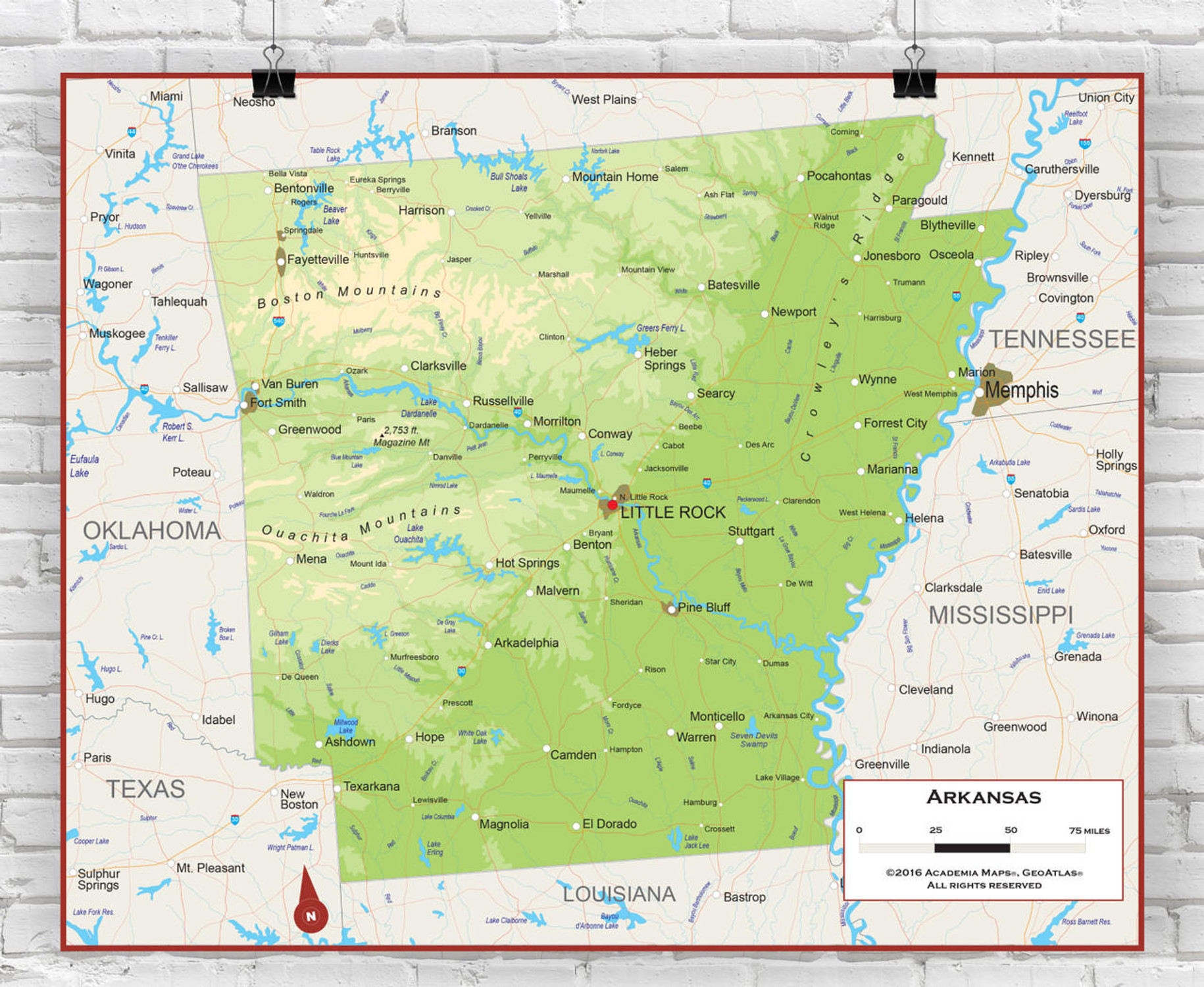 Arkansas Wall Map - Physical, image 1, World Maps Online