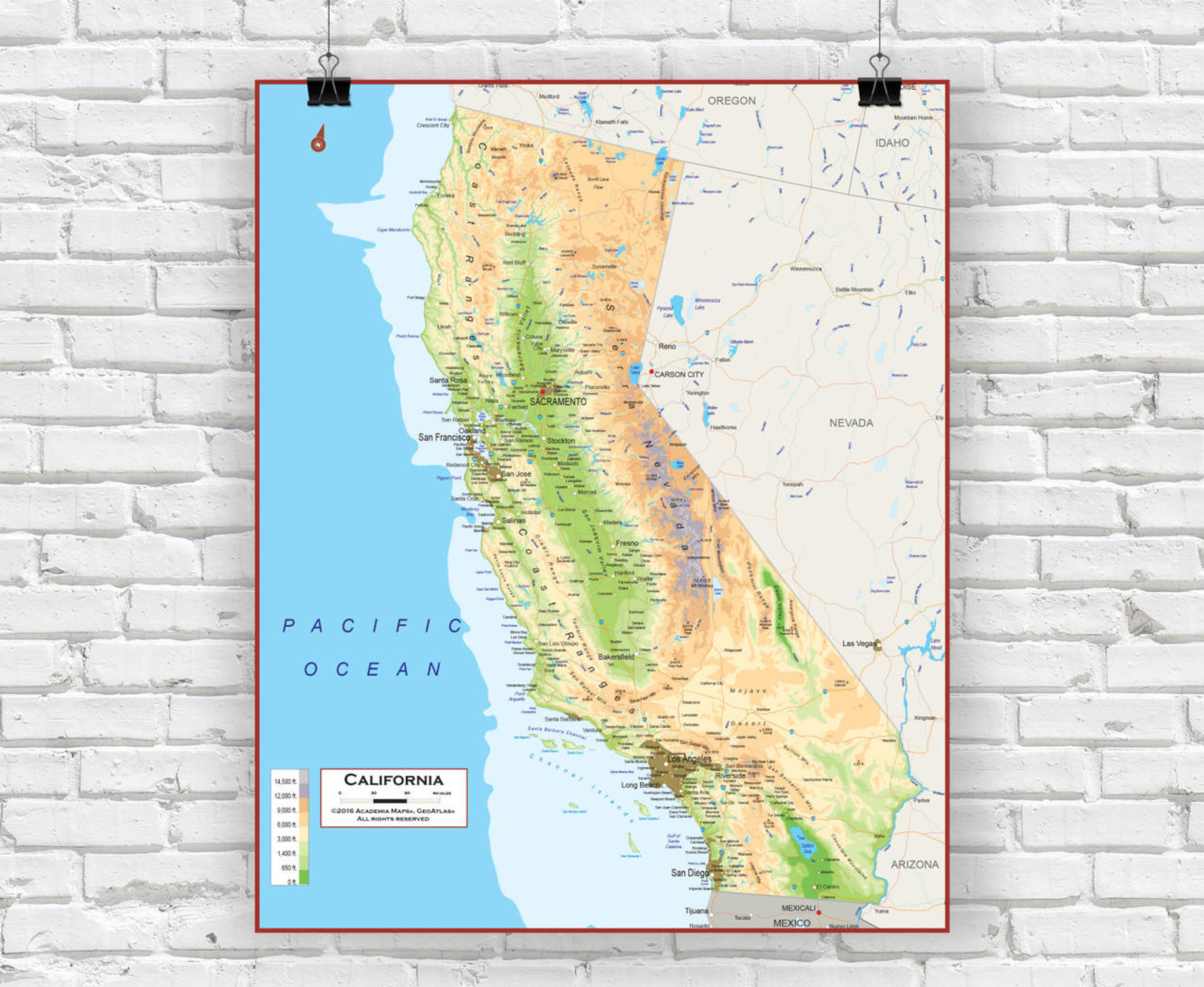 California Wall Map - Physical, image 1, World Maps Online