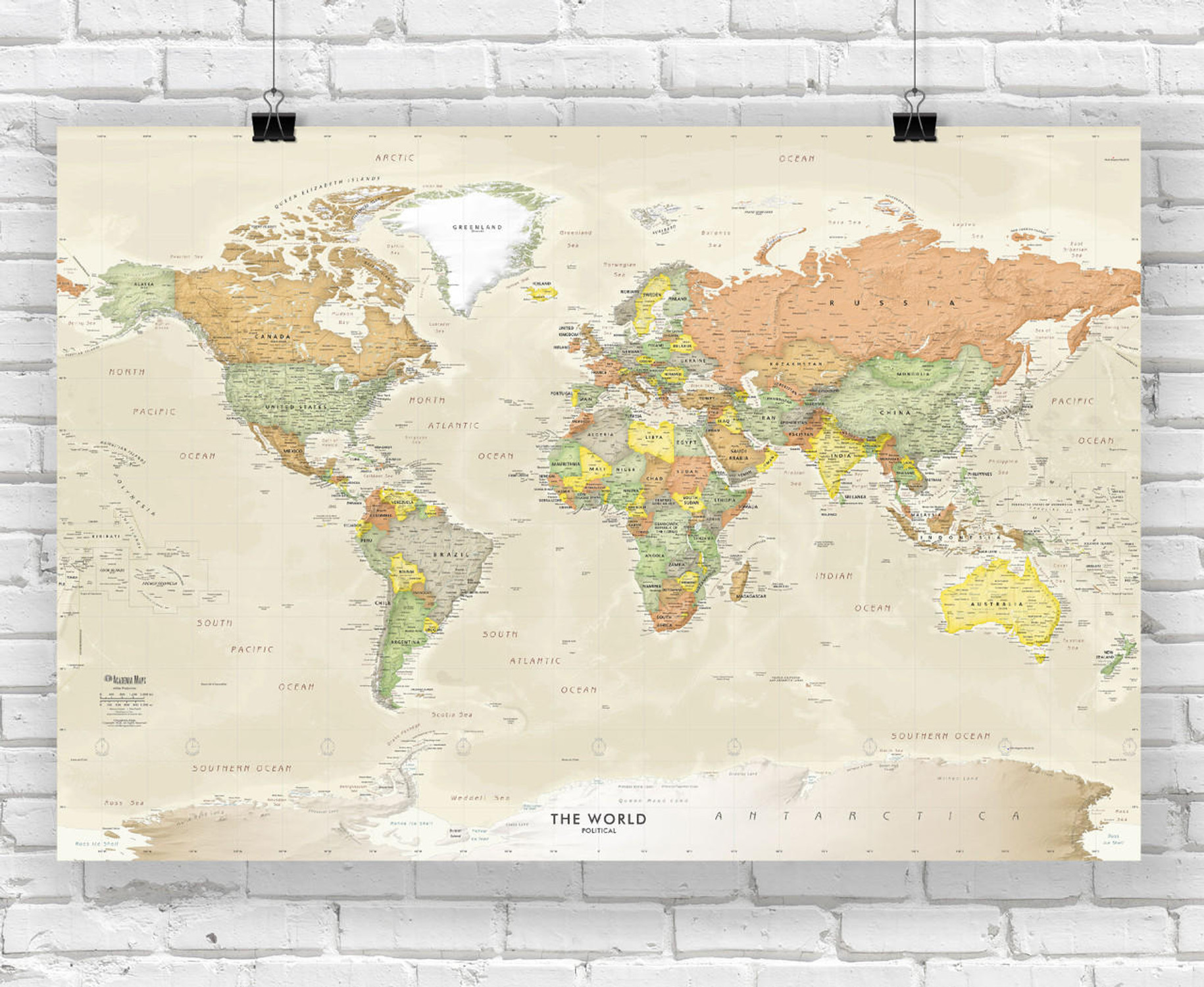Detailed Antique Oceans World Political Wall Map, image 1, World Maps Online