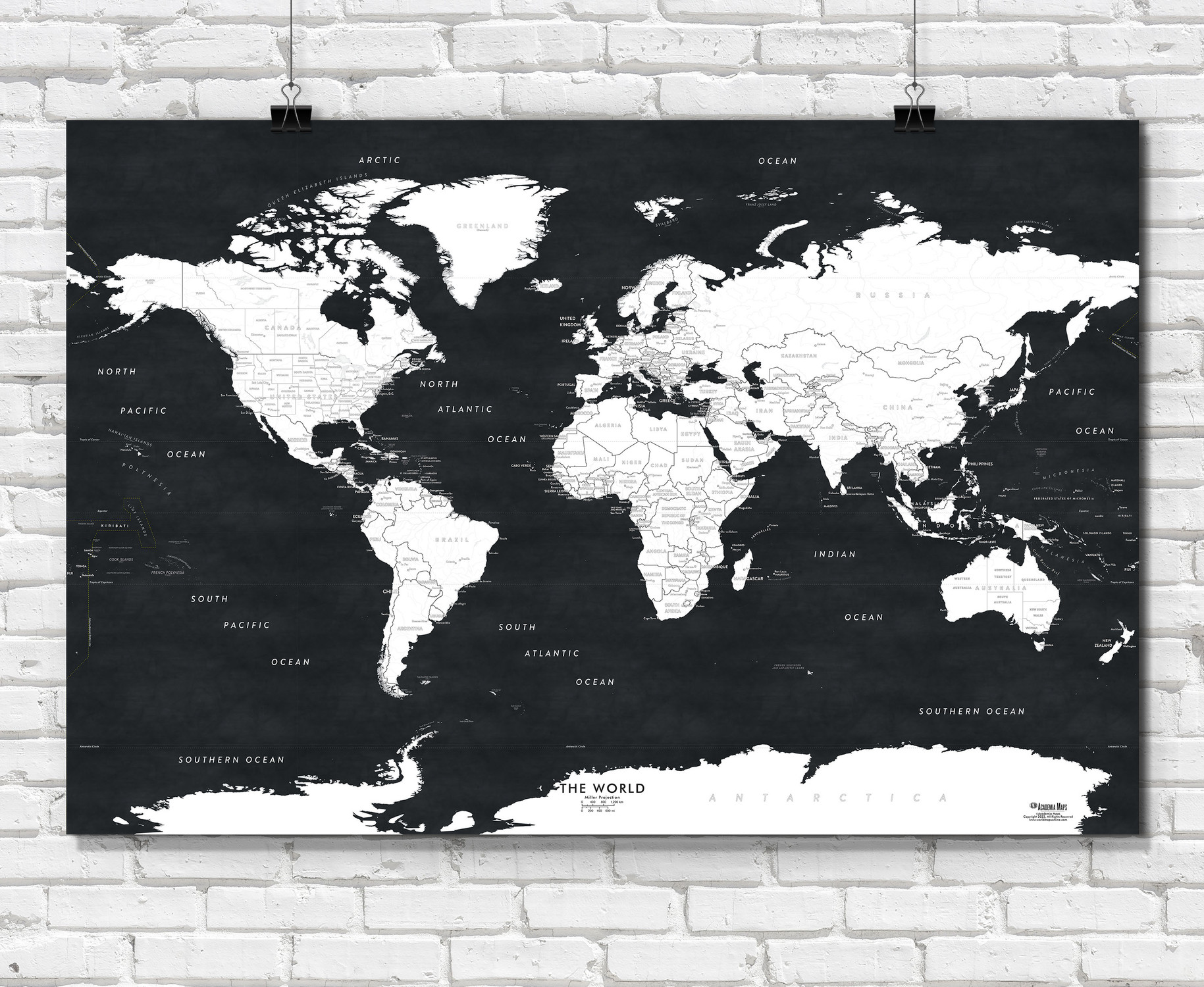 Black and White World Wall Map Print