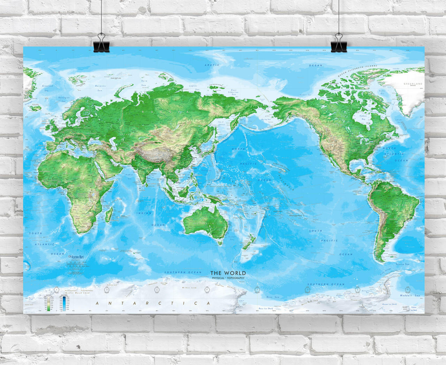 Detailed World Physical Wall Map - Pacific Centered at 150 E, image 1, World Maps Online