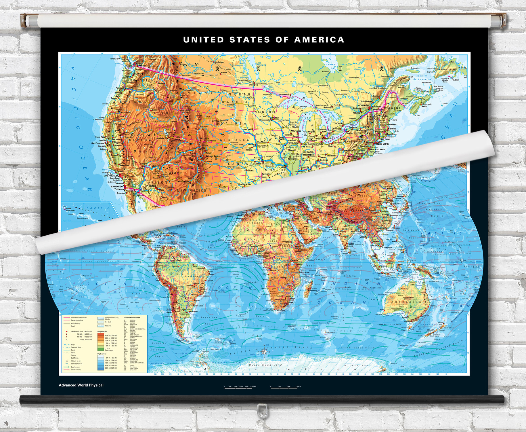 Advanced U.S. & World Physical Spring Roller Map Combo Set from Klett-Perthes