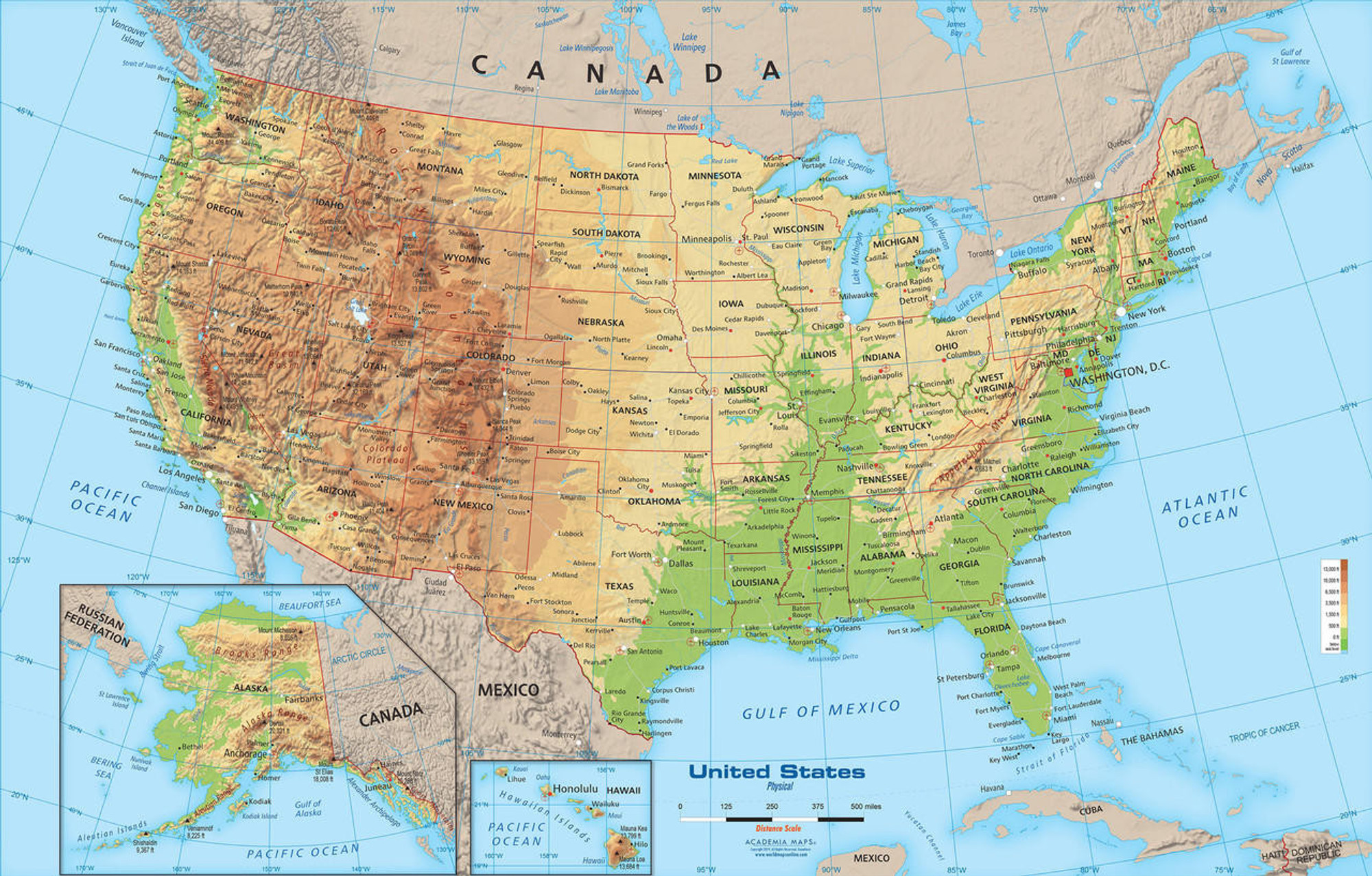 United States Physical Wall Map, image 1, World Maps Online