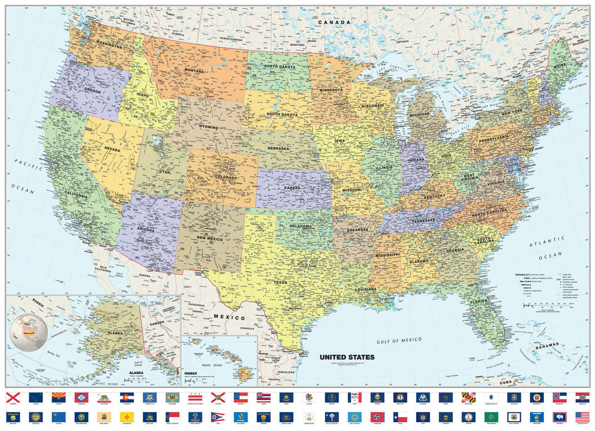 Classic United States Wall Map with State Flags, image 1, World Maps Online