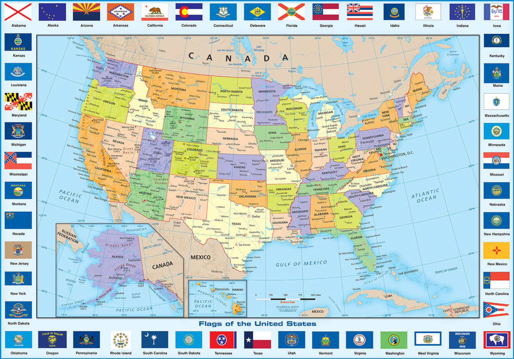 Flags of the States - United States Political Wall Map, image 1, World Maps Online