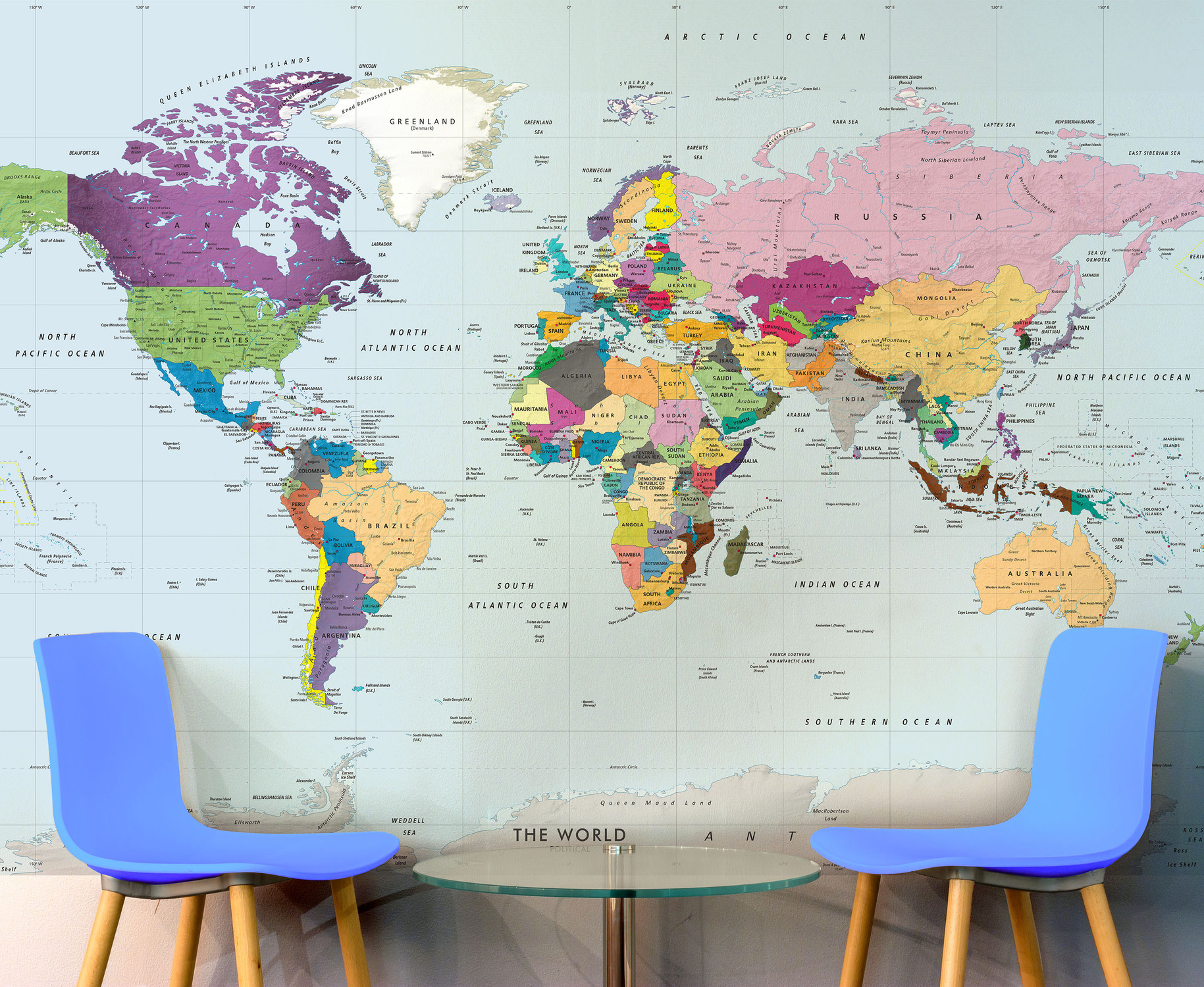 Simple Colorful World Political Map Wall Mural  - Peel & Stick Wallpaper in Room