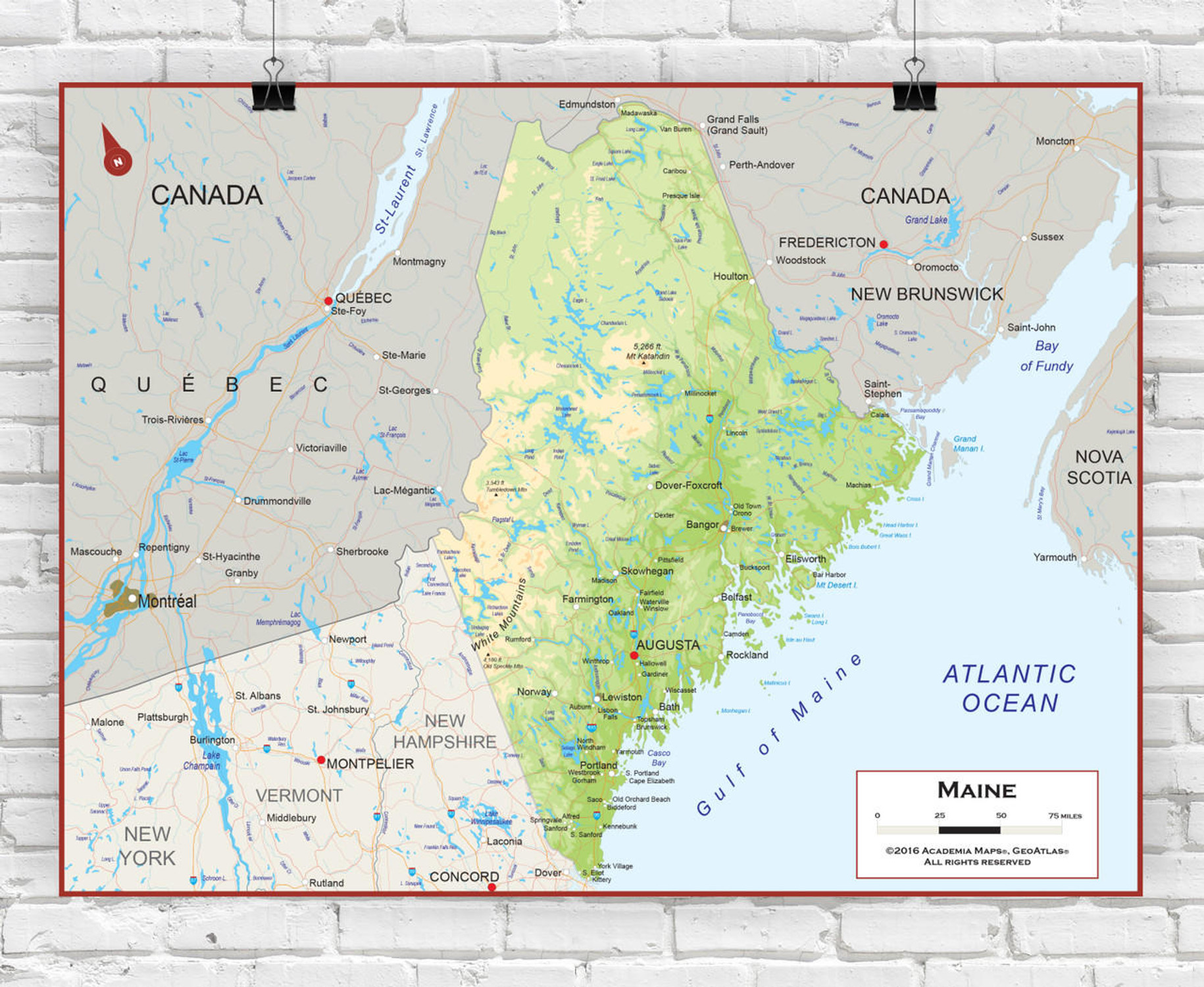 Maine Wall Map - Physical, image 1, World Maps Online