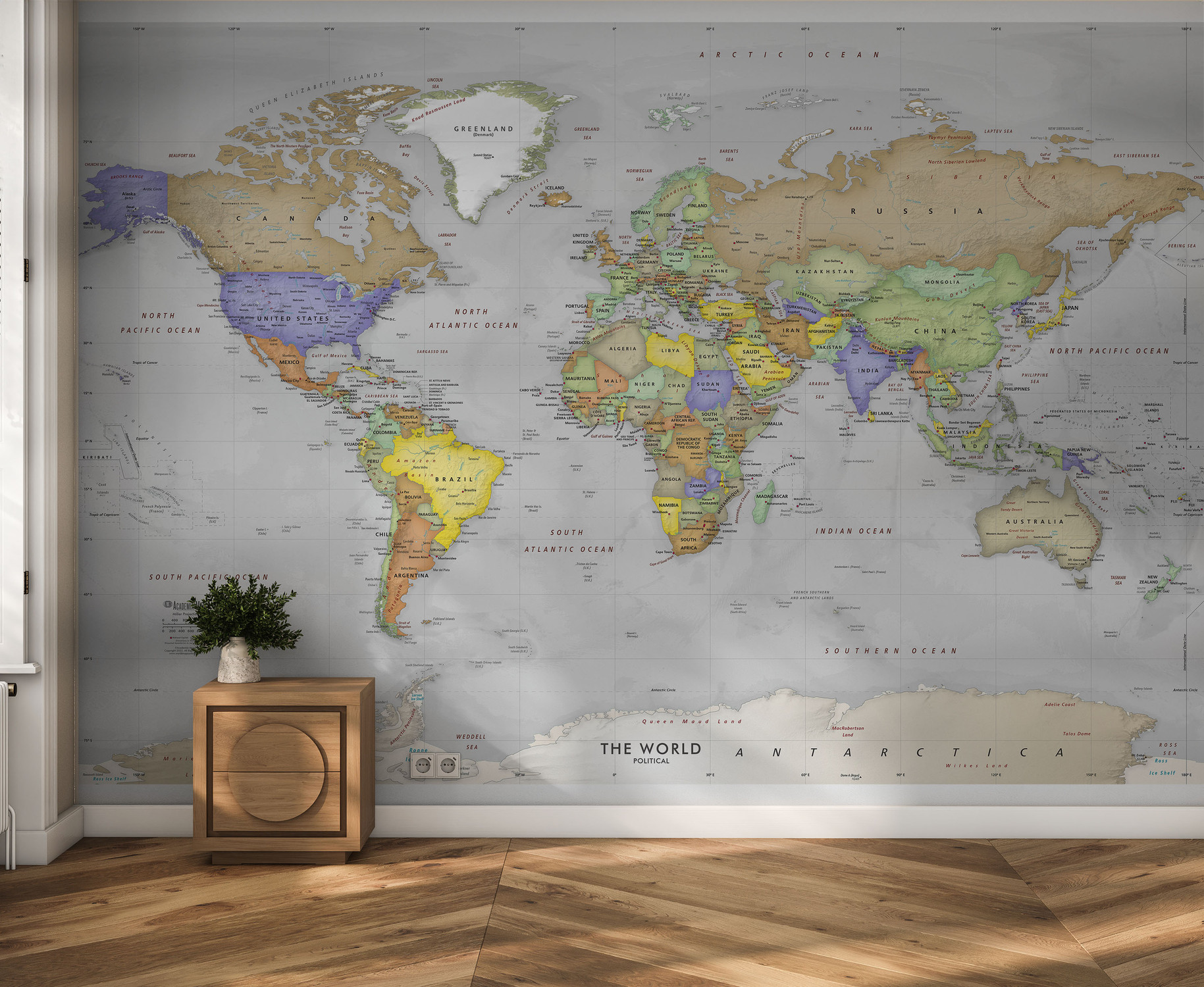 Simple Gray Oceans World Political Map Wall Mural - Removable Wallpaper in Room