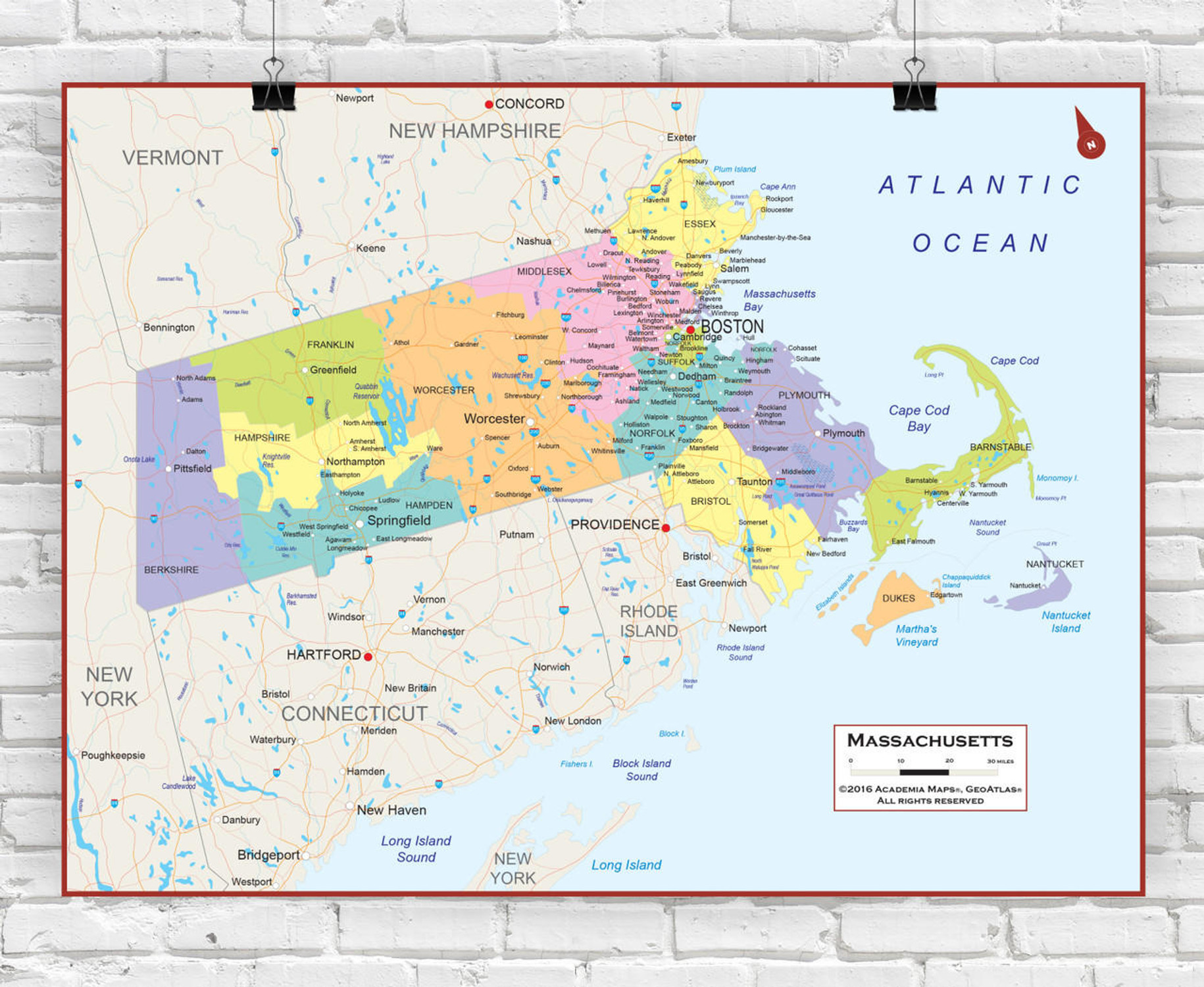 Massachusetts Wall Map - Political, image 1, World Maps Online