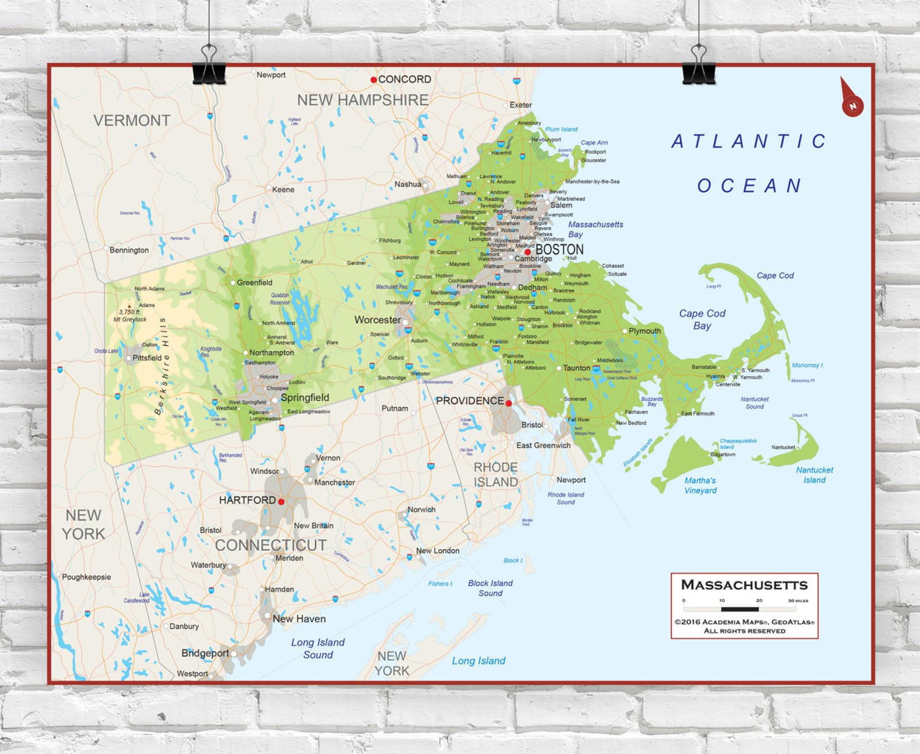 Massachusetts Wall Map - Physical, image 1, World Maps Online