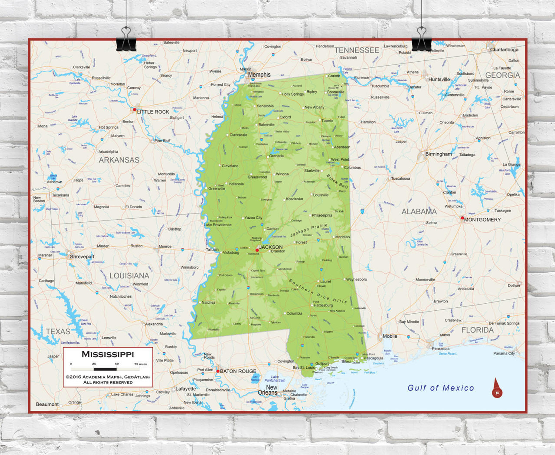 Mississippi Wall Map - Physical, image 1, World Maps Online