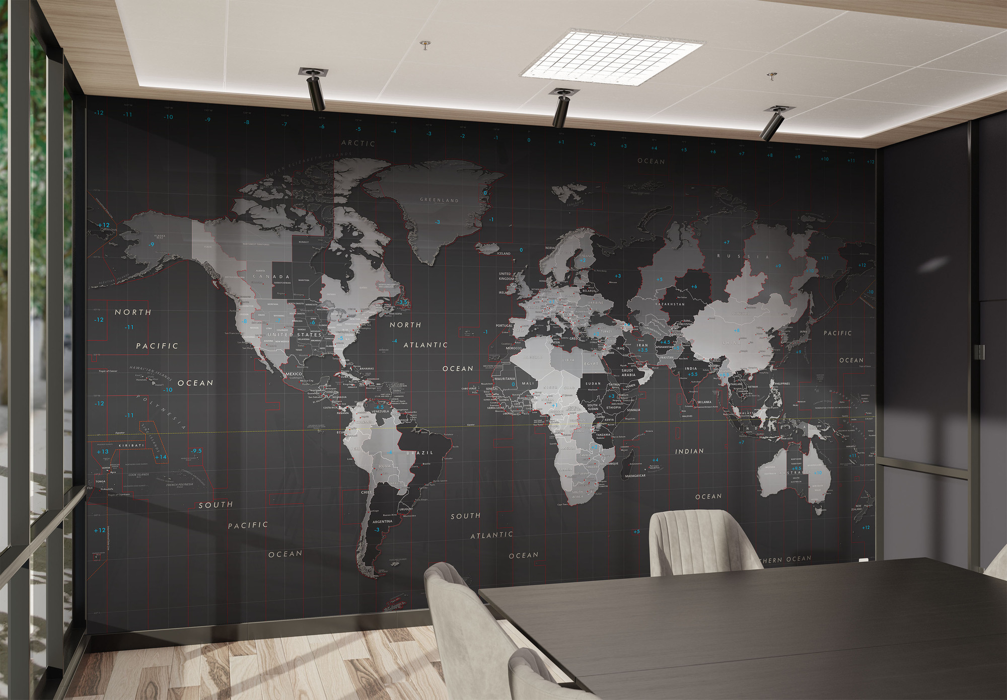 World Time Zones Wall Map Mural - Removable Wallpaper in Office World Time Zones Wall Map Mural - Removable Wallpaper in Office