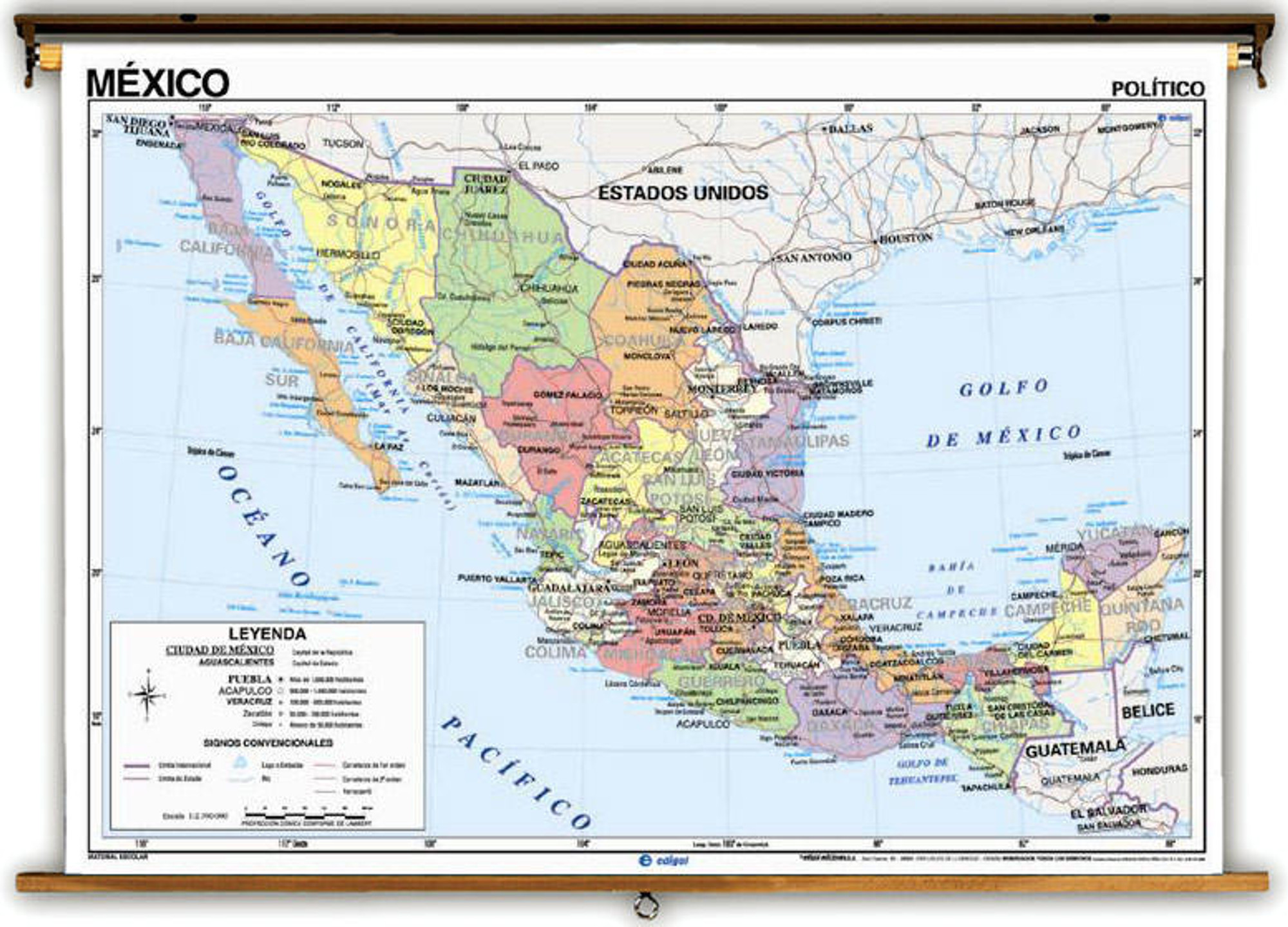 Spanish Language Mexico Physical/Political Map on Spring Roller, image 1, World Maps Online