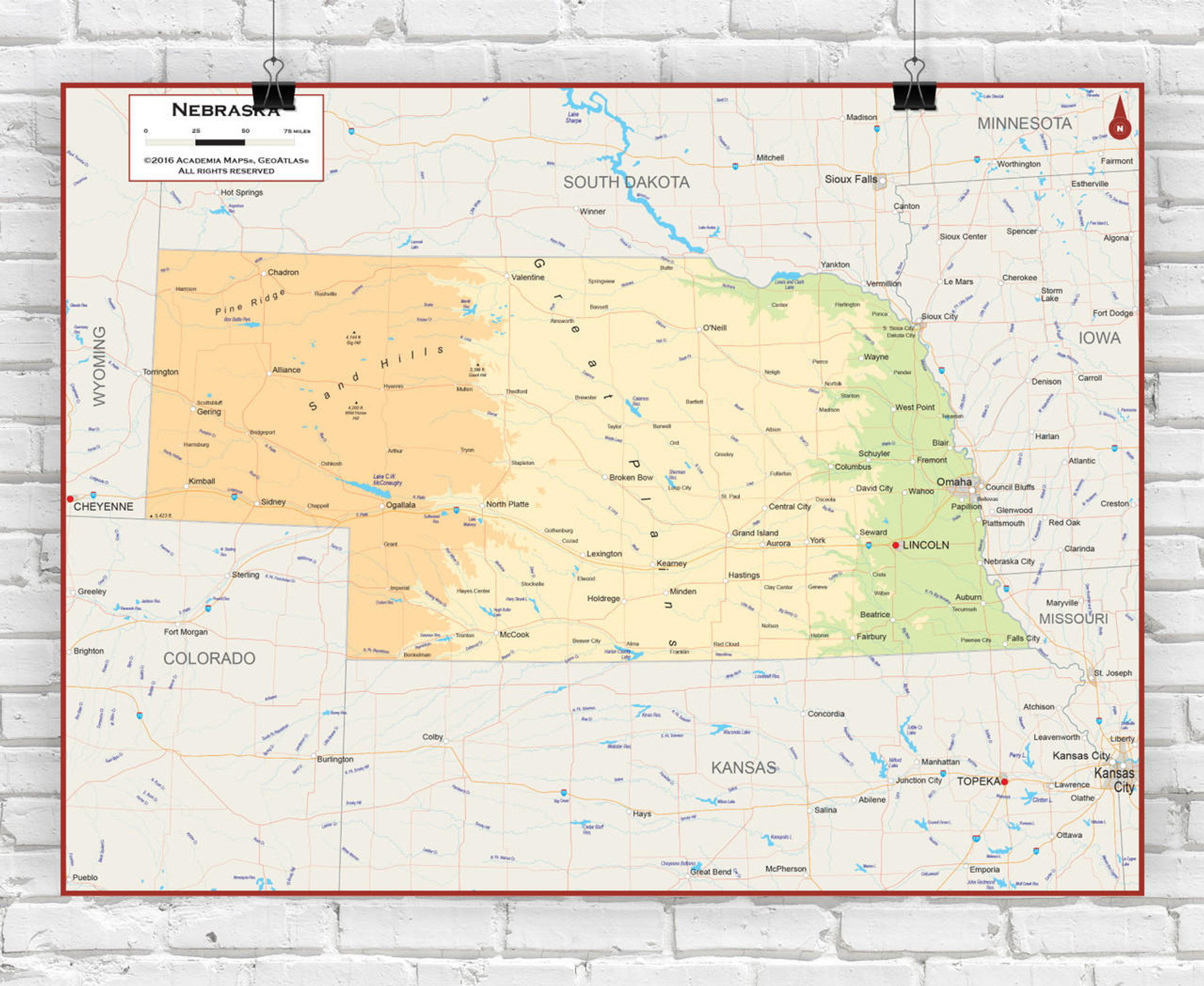 Nebraska Wall Map - Physical, image 1, World Maps Online