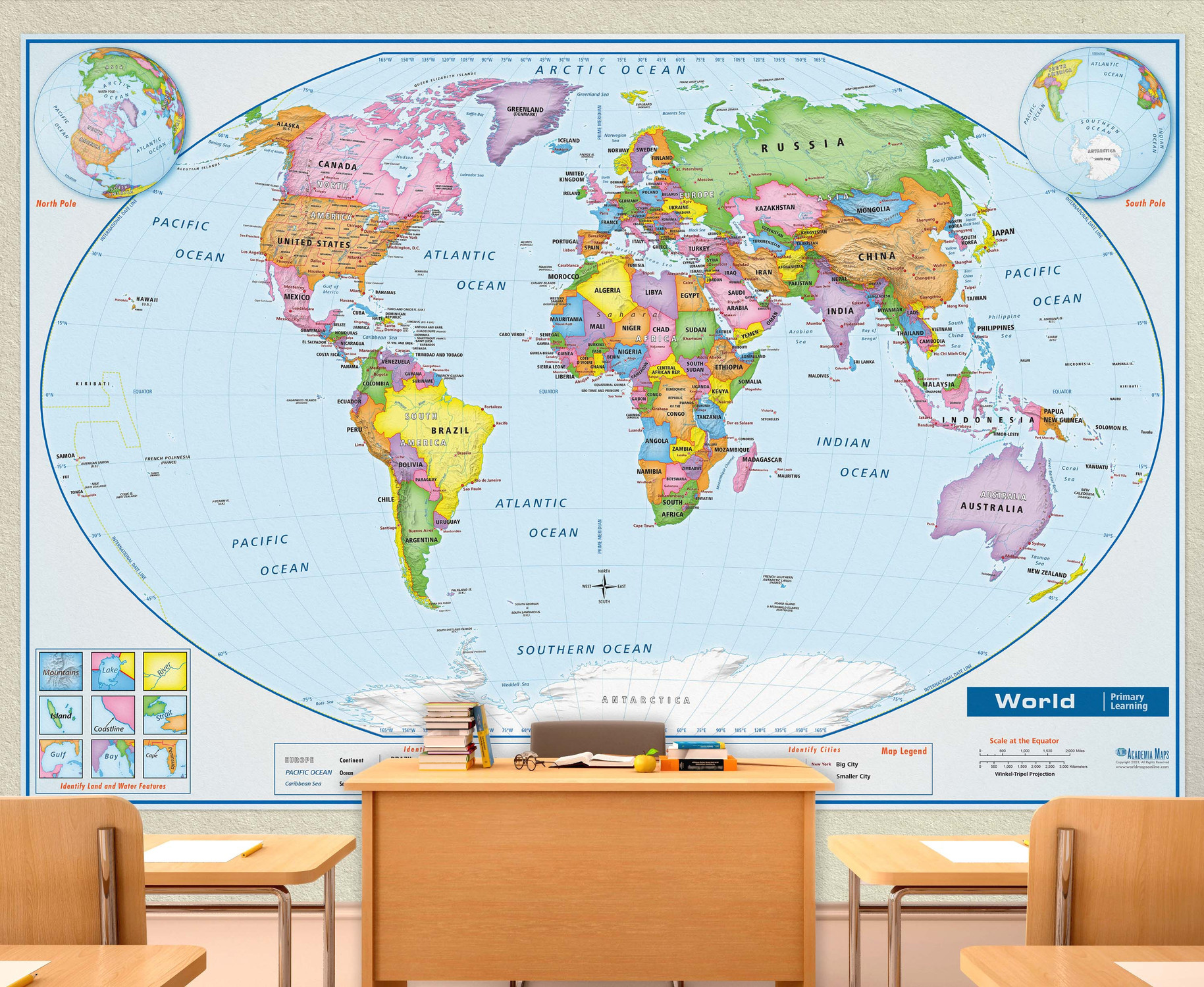 Primary Learning Classroom World Map Removable Wallpaper Mural in Room, World Maps Online