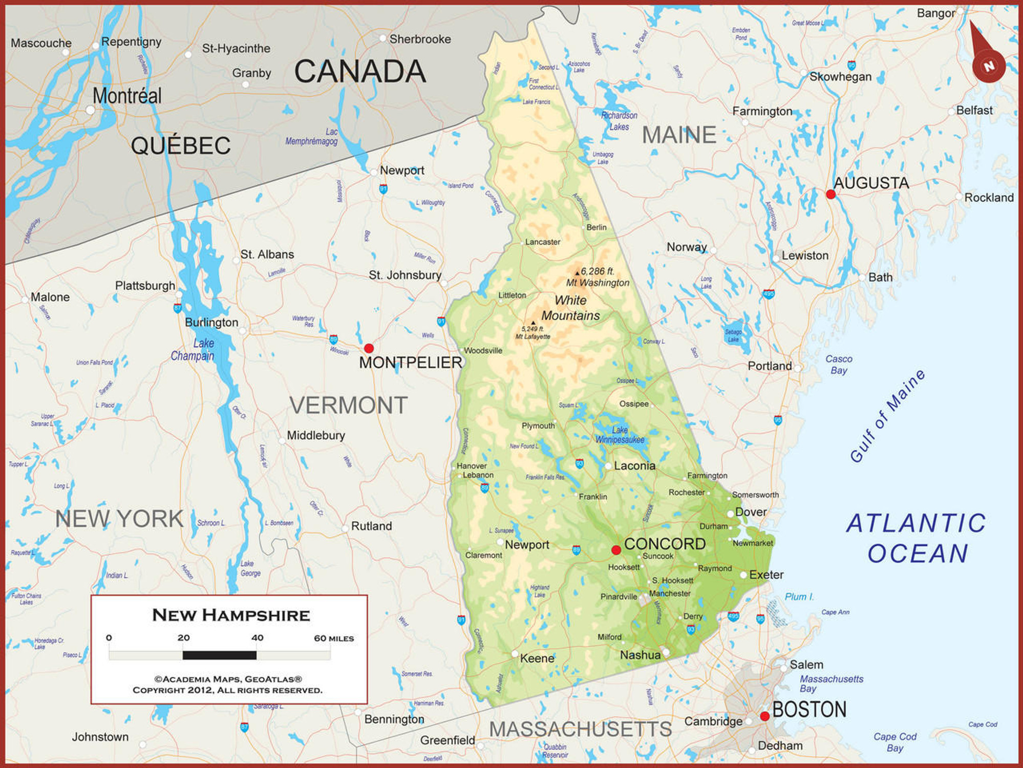 New Hampshire Wall Map - Physical, image 1, World Maps Online