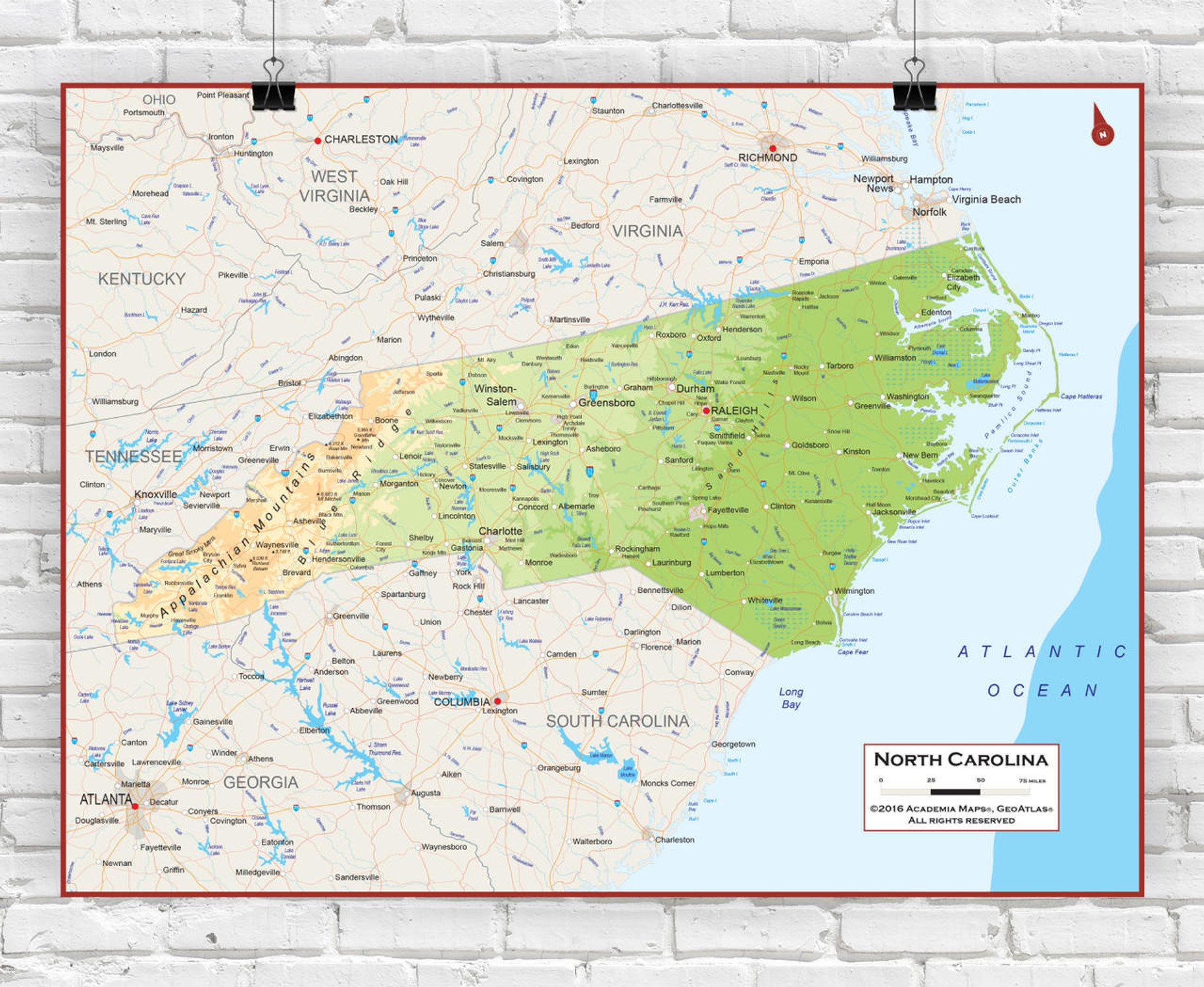 North Carolina Wall Map - Physical, image 1, World Maps Online