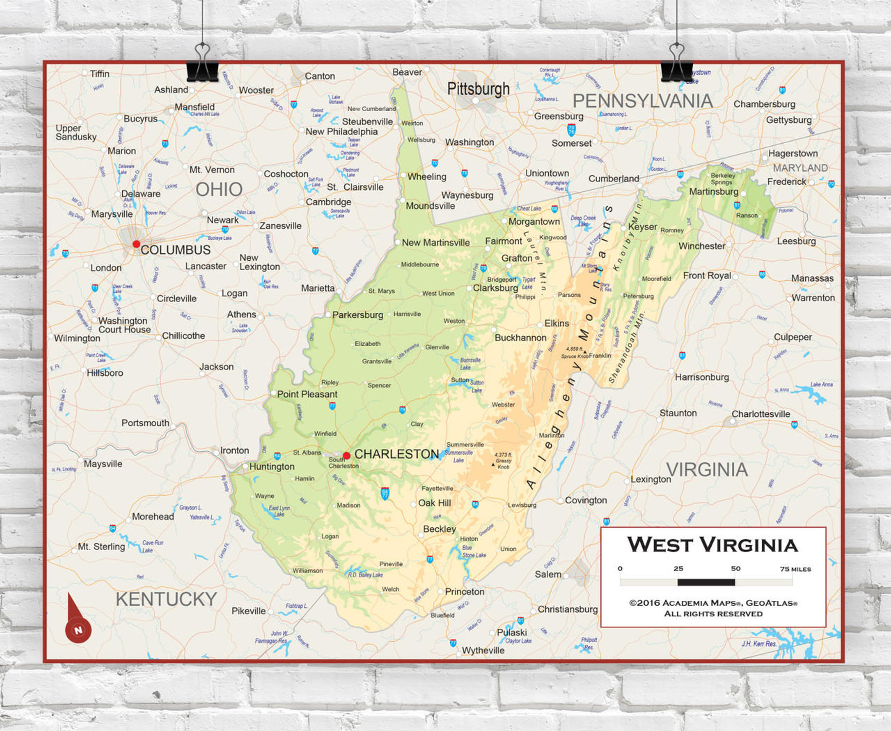 West Virginia Wall Map - Physical, image 1, World Maps Online