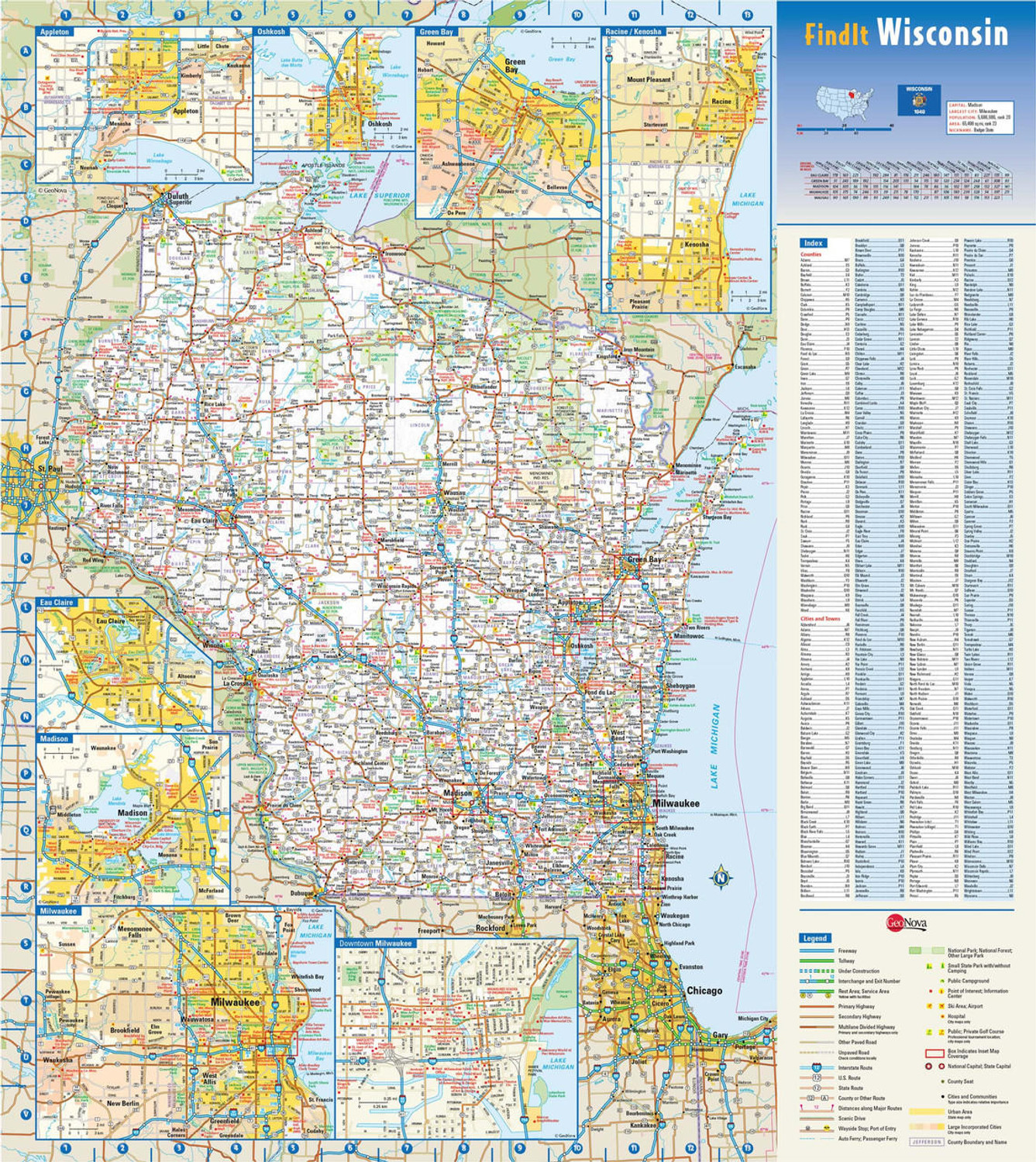 Wisconsin Reference Wall Map, image 1, World Maps Online