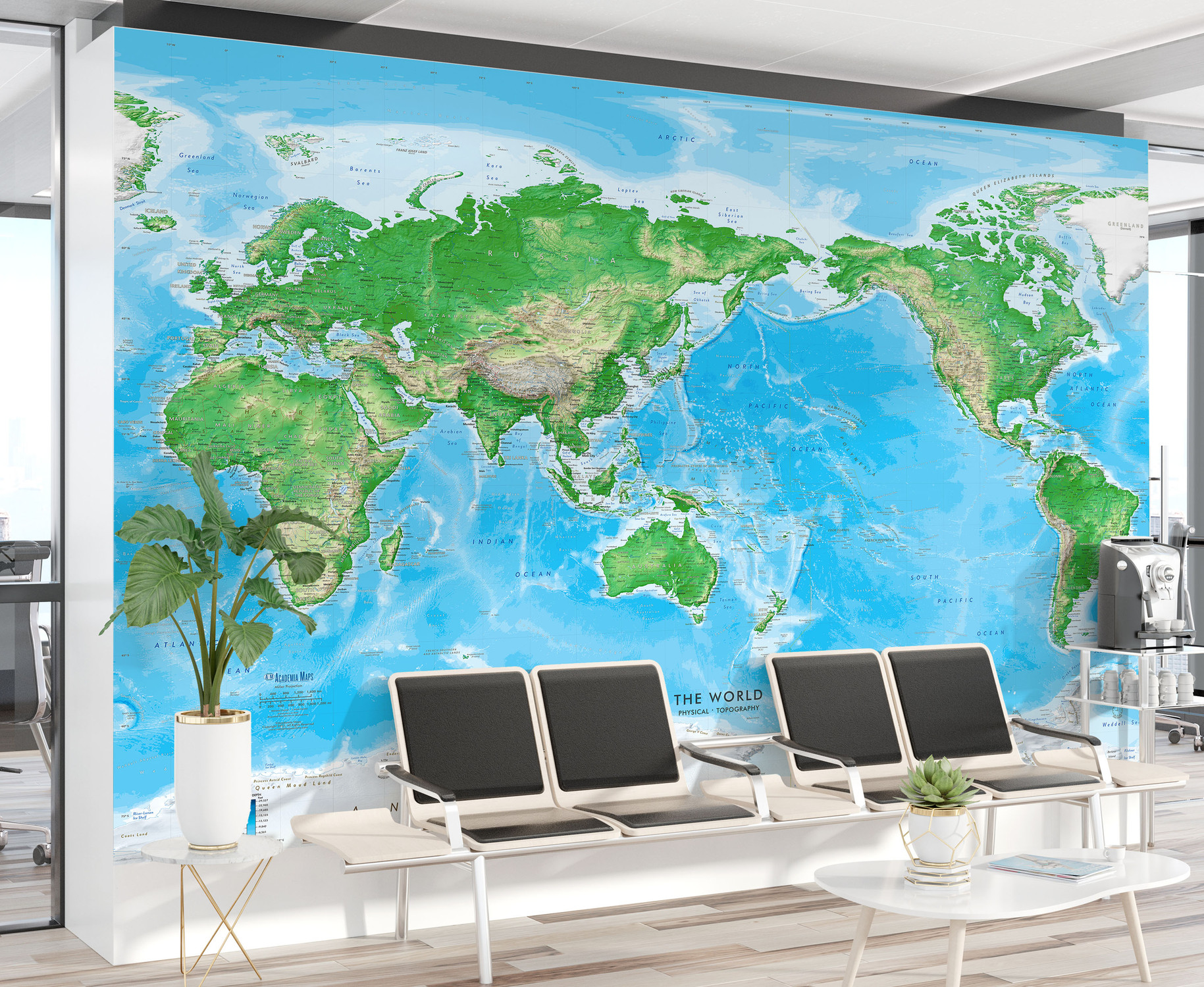 Detailed World Physical Map Mural - Pacific Centered at 150 E - Removable Wallpaper in Room