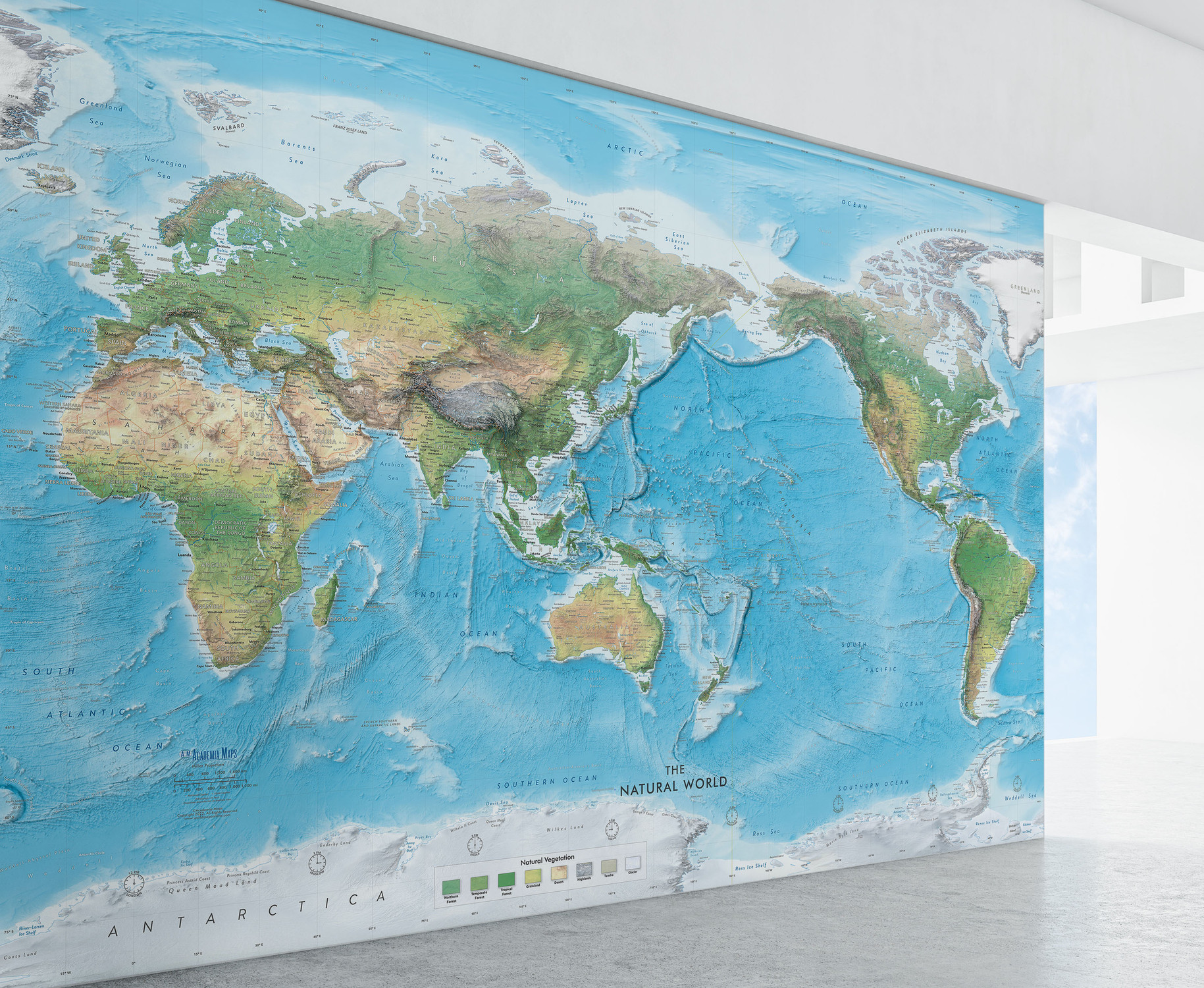 Natural World Physical Map Mural - Pacific Centered - Removable Wallpaper in Room