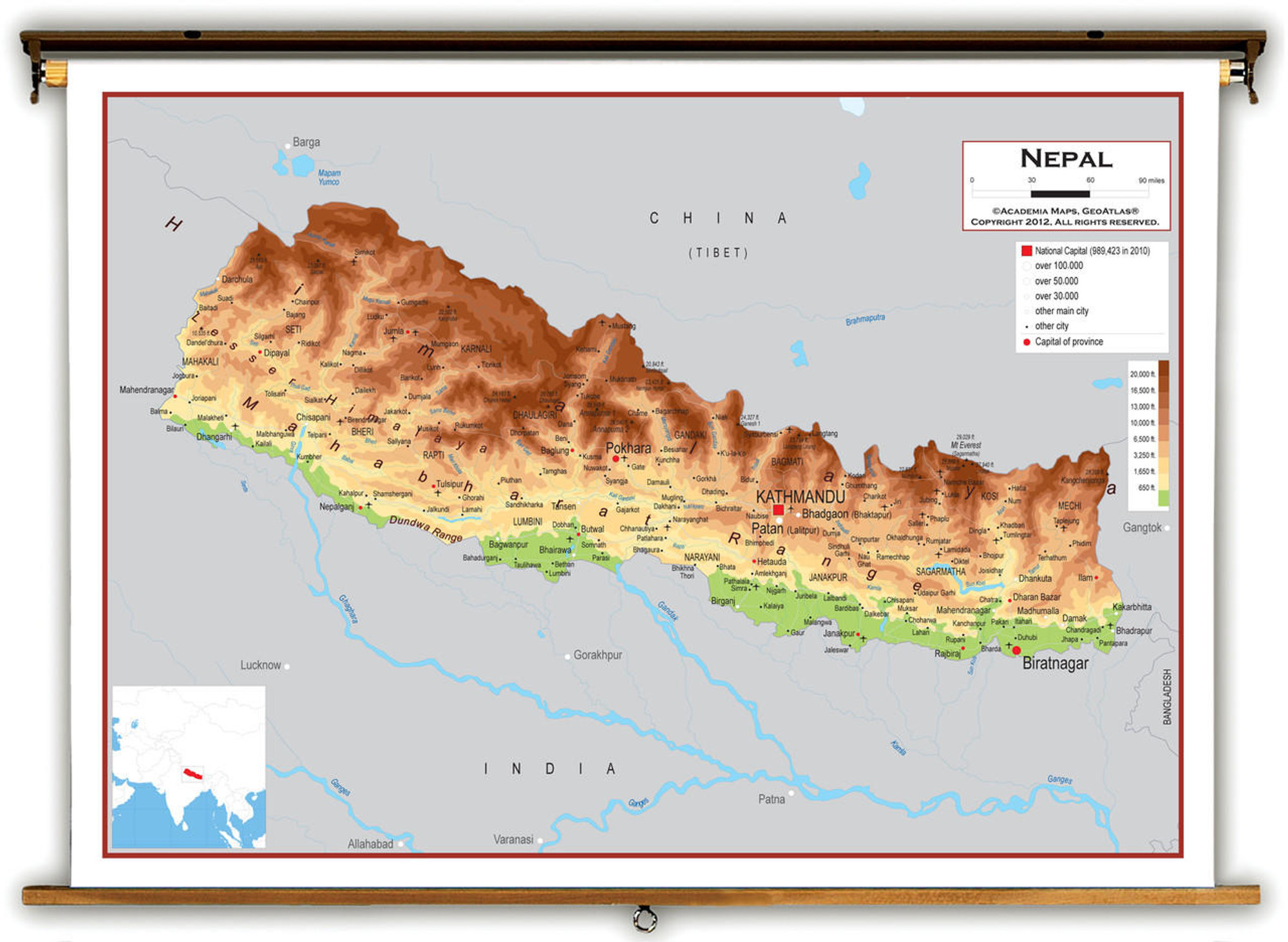 Nepal Physical Educational Map from Academia Maps, image 1, World Maps Online
