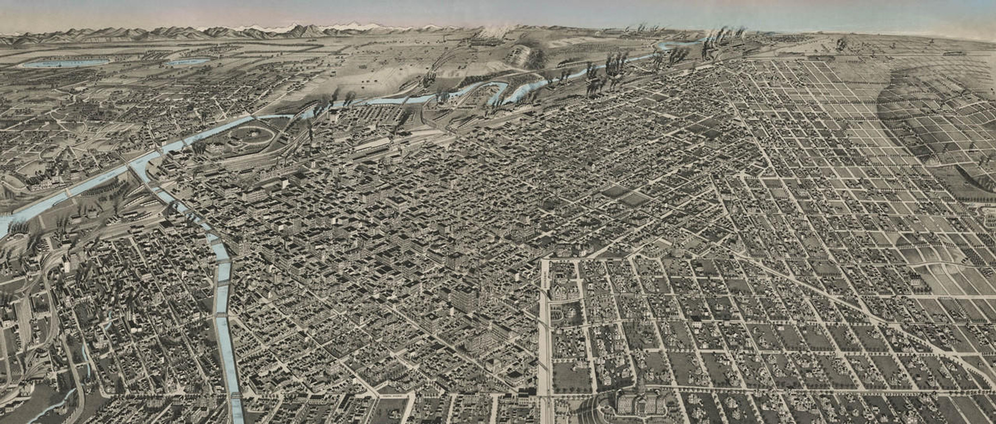 Denver 1889 Birds-Eye View - B&W w/ Blue Water, image 1, World Maps Online