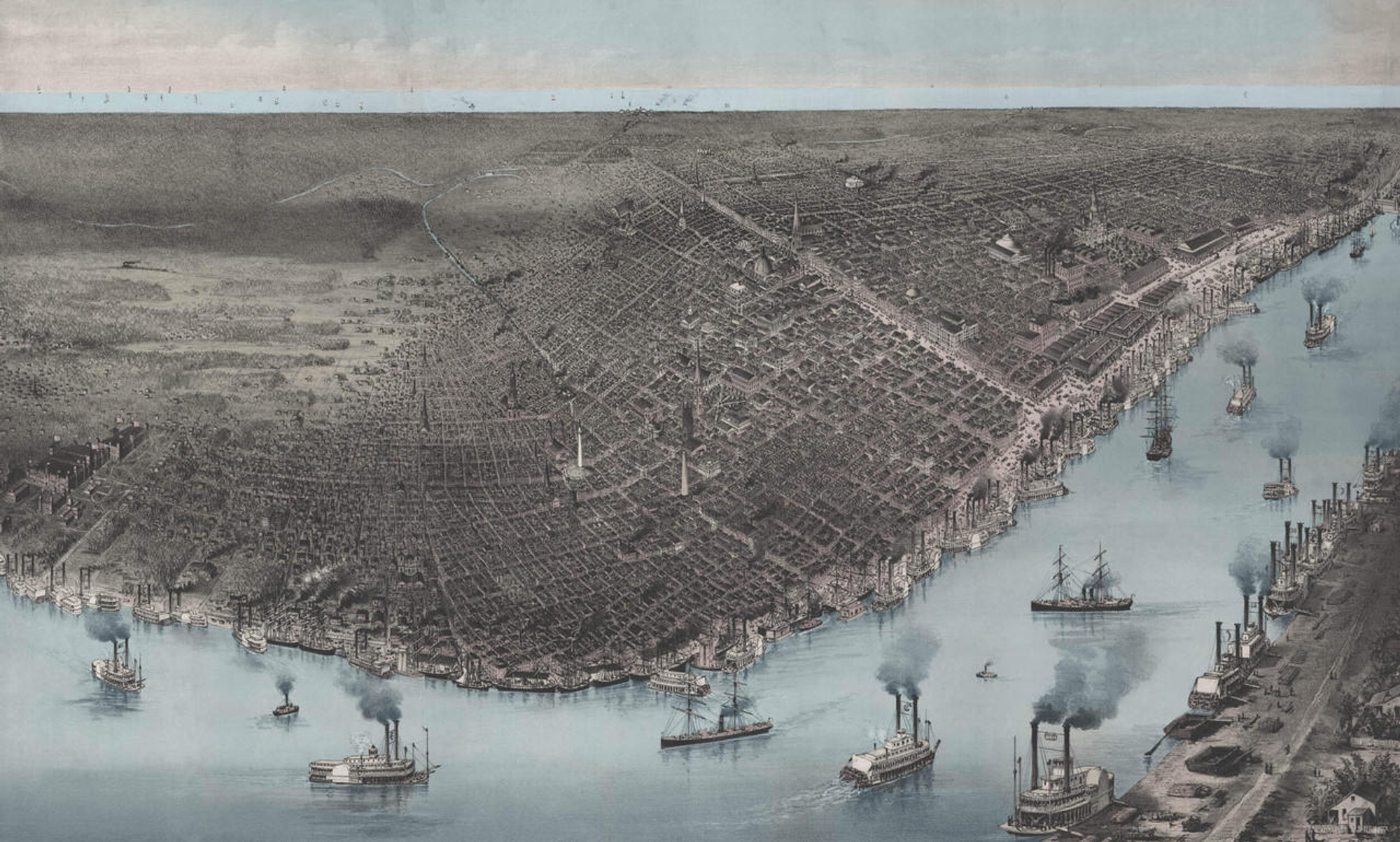 New Orleans - 1885 Birds-Eye View Map w/ Blue Waterways, image 1, World Maps Online