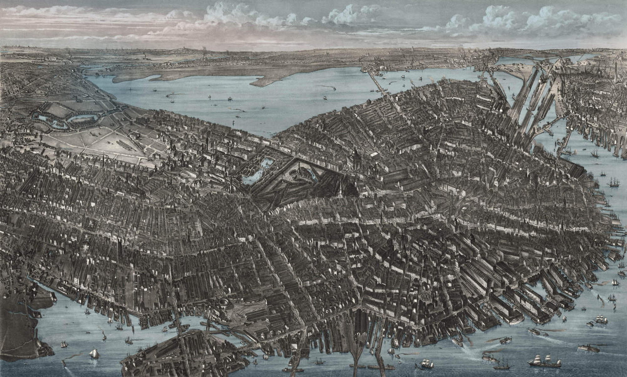 Boston 1879 Birds-Eye View - B&W w/ Blue Water, image 1, World Maps Online