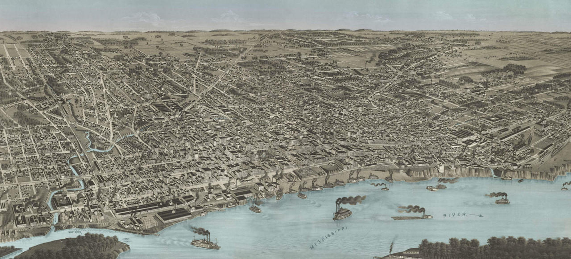 Memphis 1887 Birds-Eye View - B&W w/ Blue Water, image 1, World Maps Online