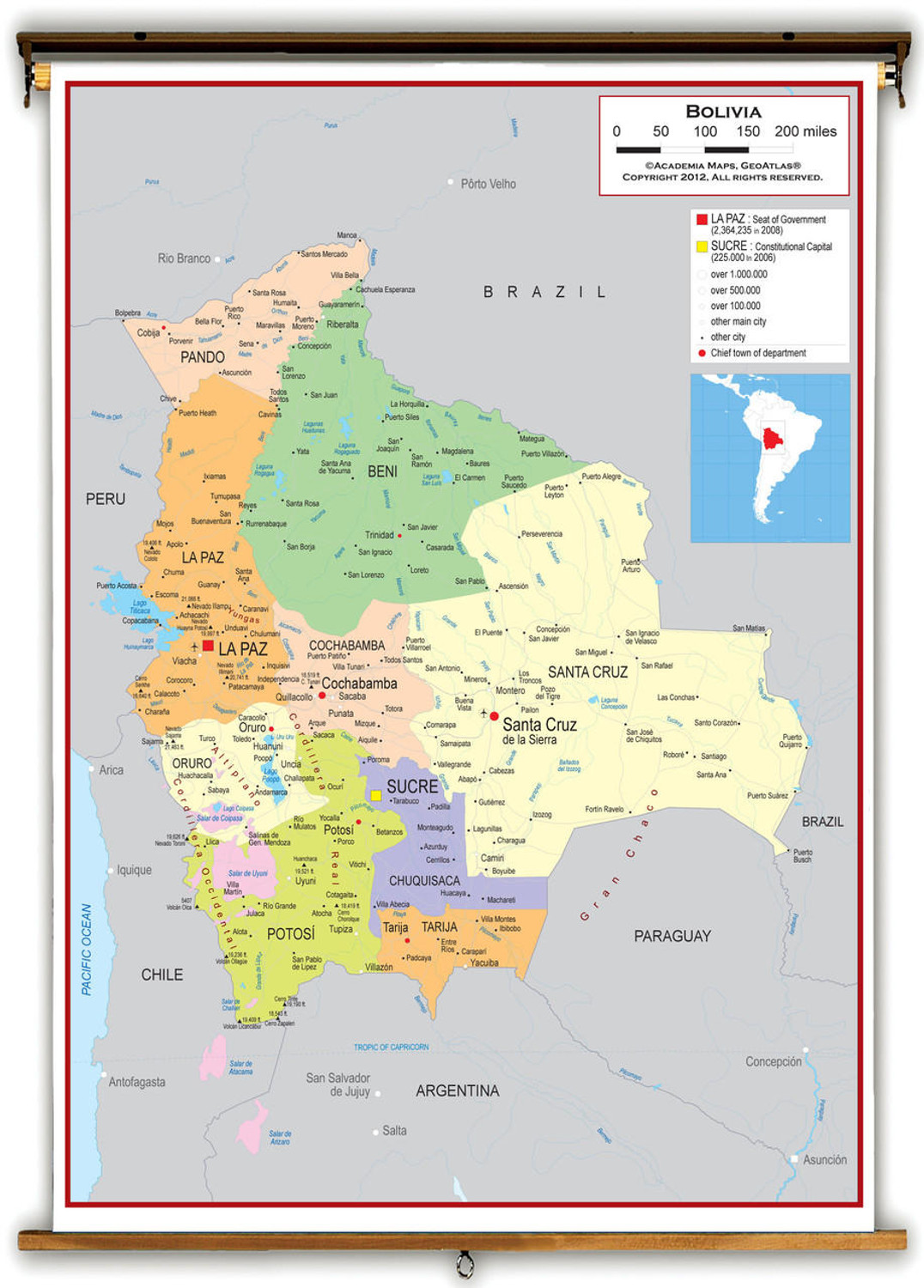 Bolivia Political Educational Wall Map from Academia Maps, image 1, World Maps Online