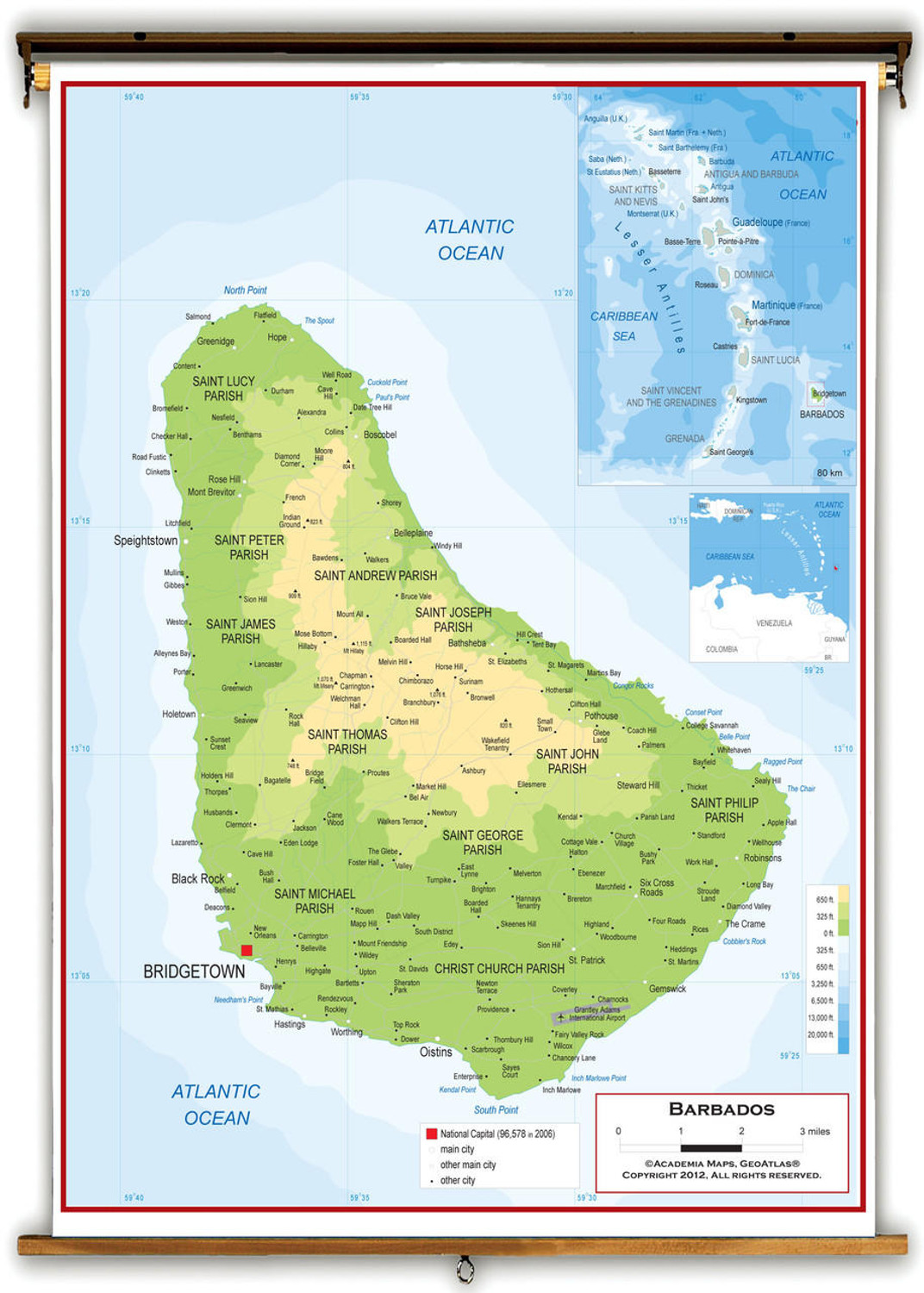 Barbados Physical Educational Wall Map from Academia Maps, image 1, World Maps Online