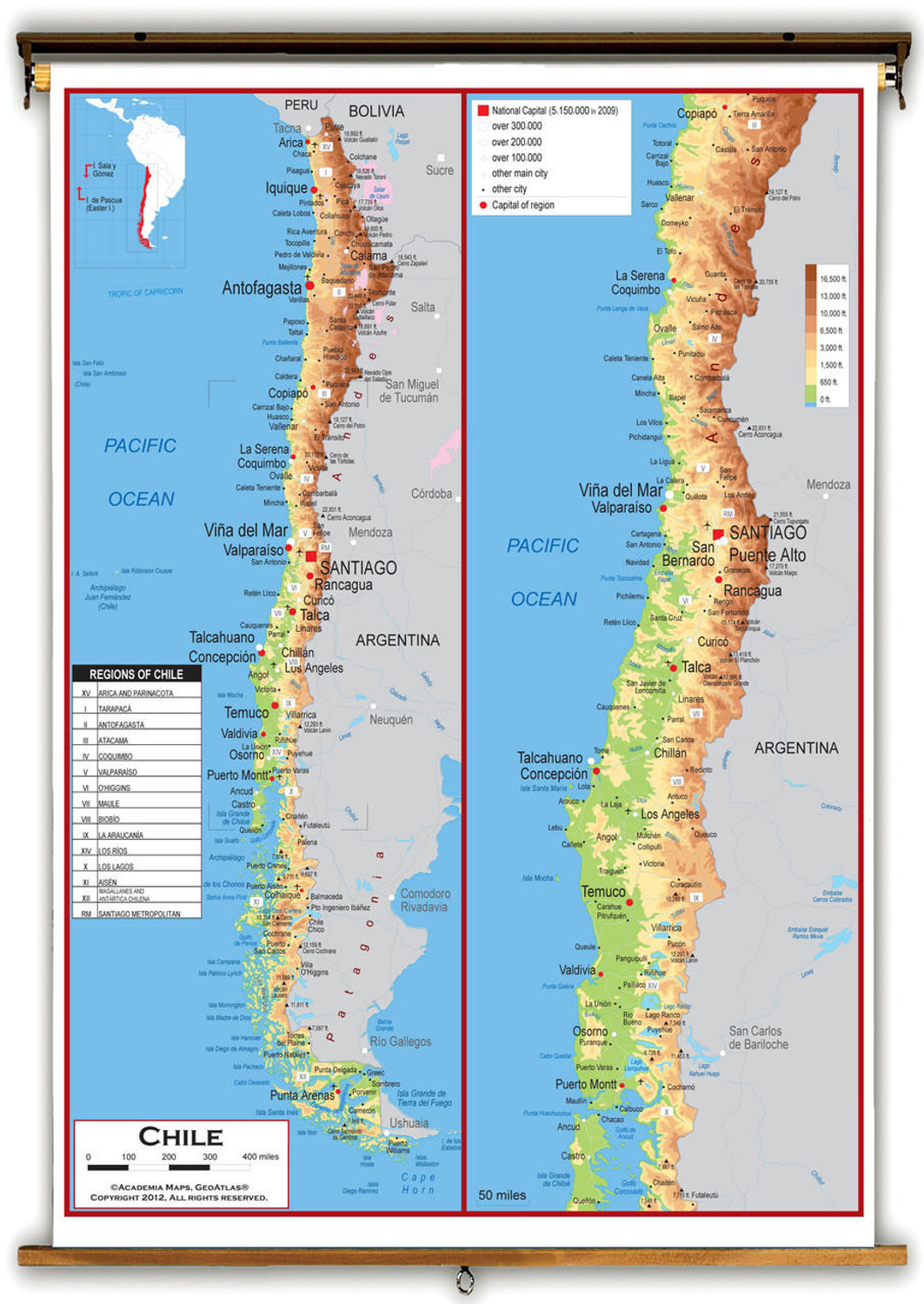 Chile Physical Educational Wall Map from Academia Maps, image 1, World Maps Online