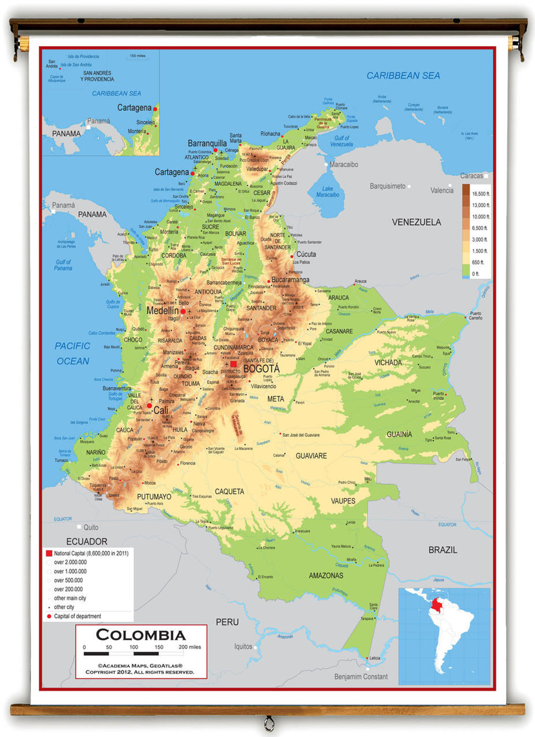 Colombia Physical Educational Wall Map from Academia Maps, image 1, World Maps Online