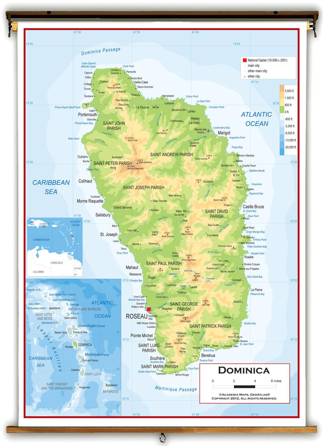 Dominica Physical Educational Wall Map from Academia Maps, image 1, World Maps Online