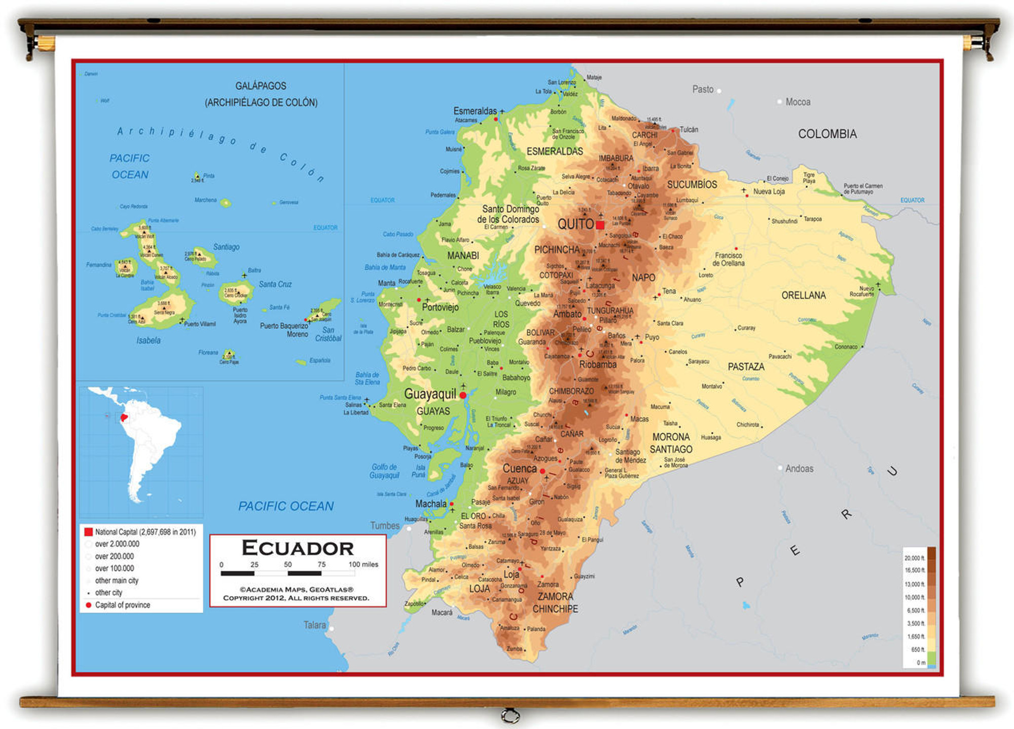 Ecuador Physical Educational Wall Map from Academia Maps, image 1, World Maps Online