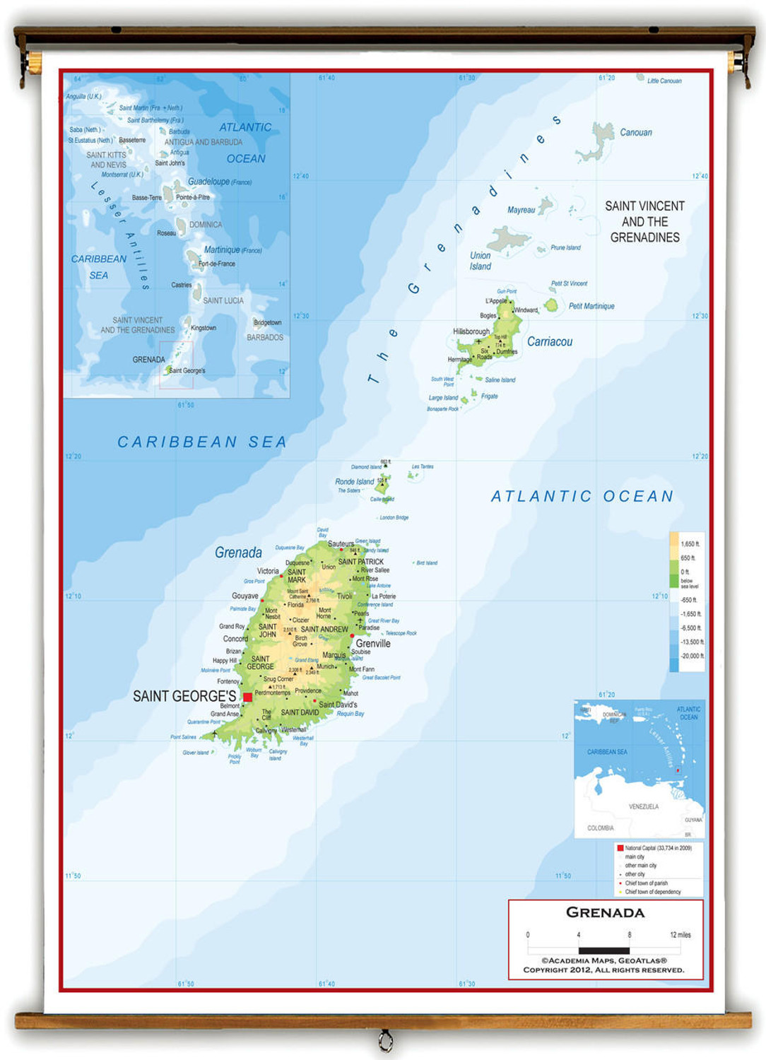 Grenada Physical Educational Wall Map from Academia Maps, image 1, World Maps Online