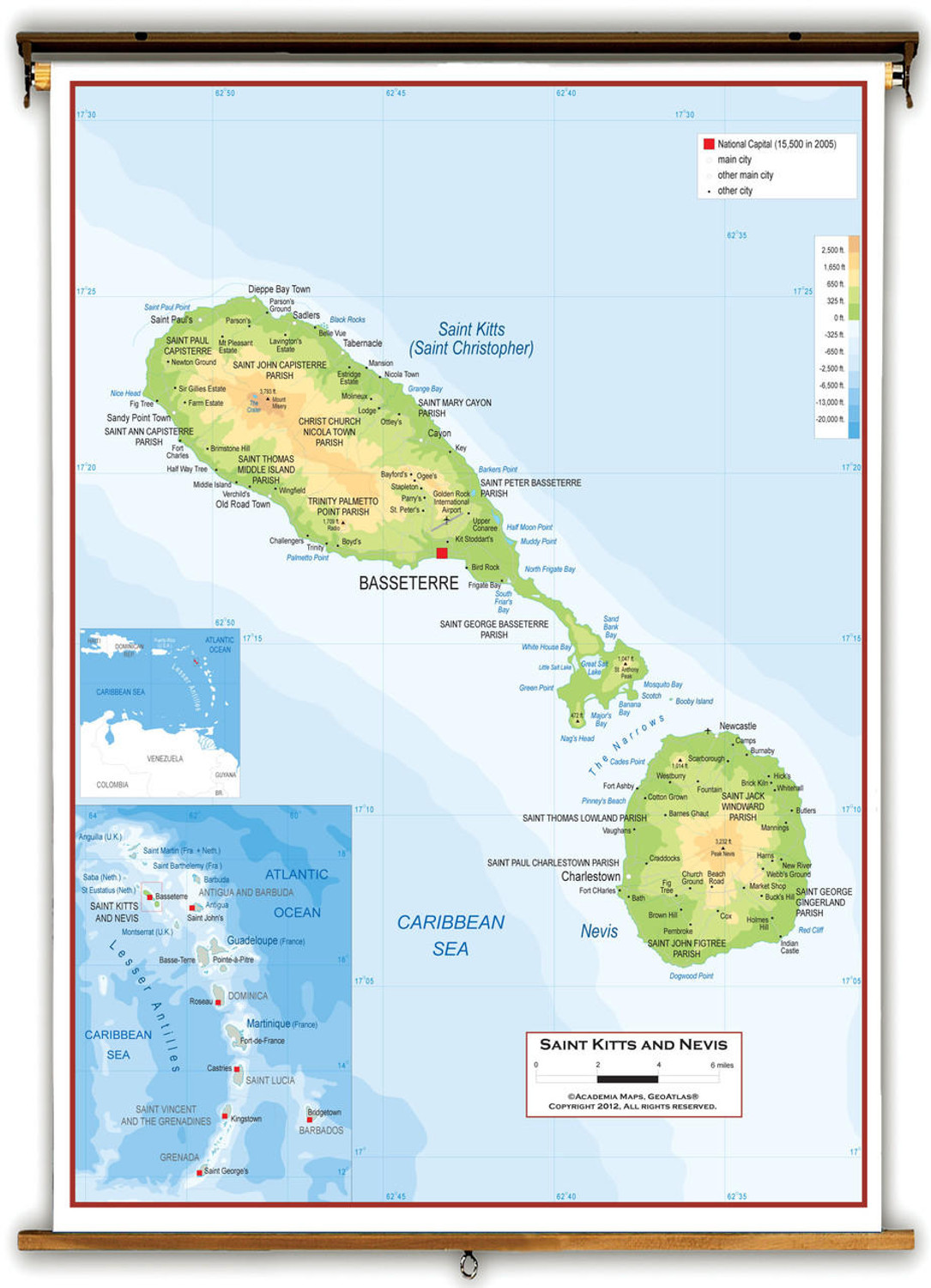 St Kitts and Nevis Physical Wall Map from Academia Maps, image 1, World Maps Online